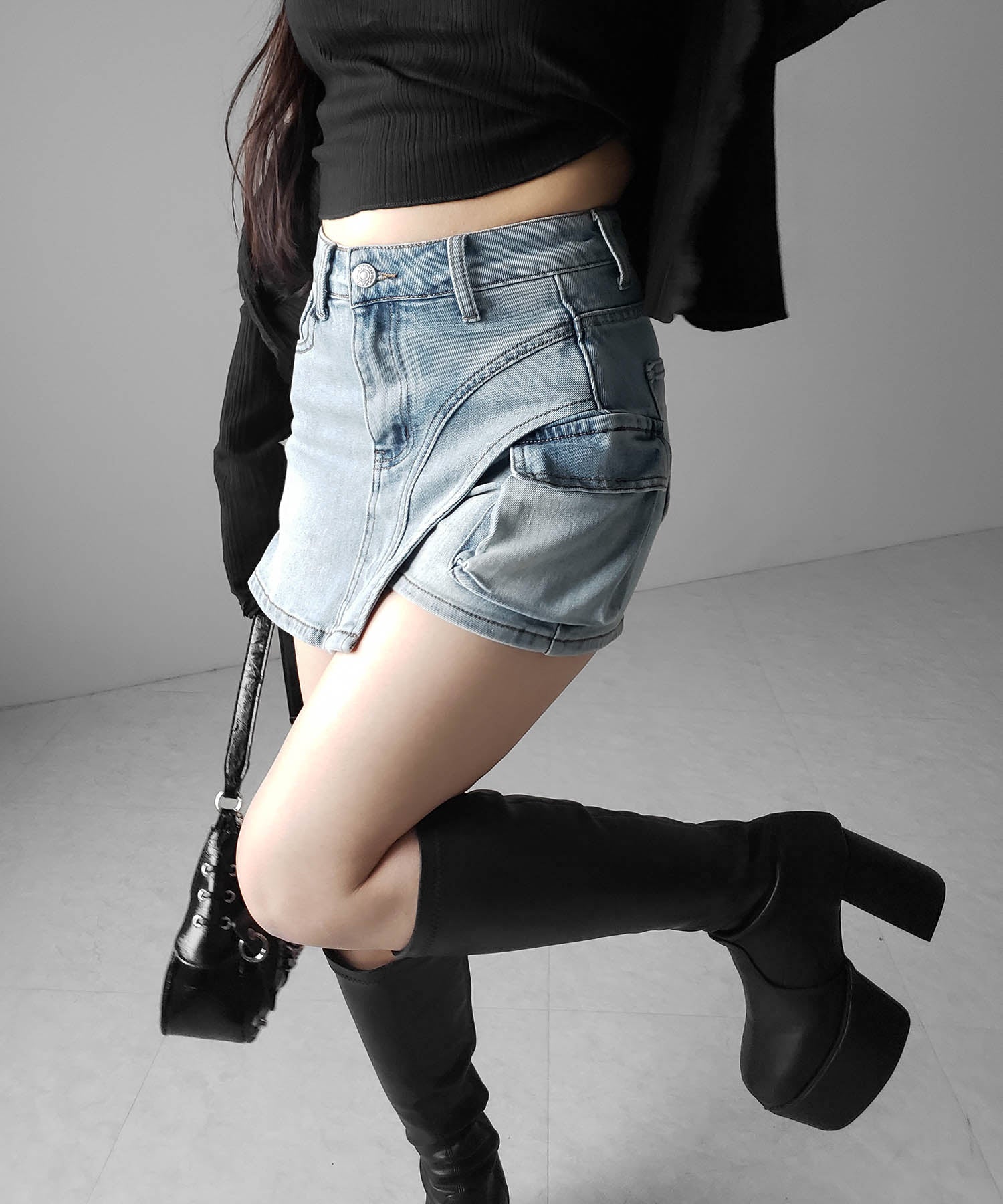 カーゴポケットレイヤードデニムミニスカパン / cargo pocket layered denim mini skirt pants