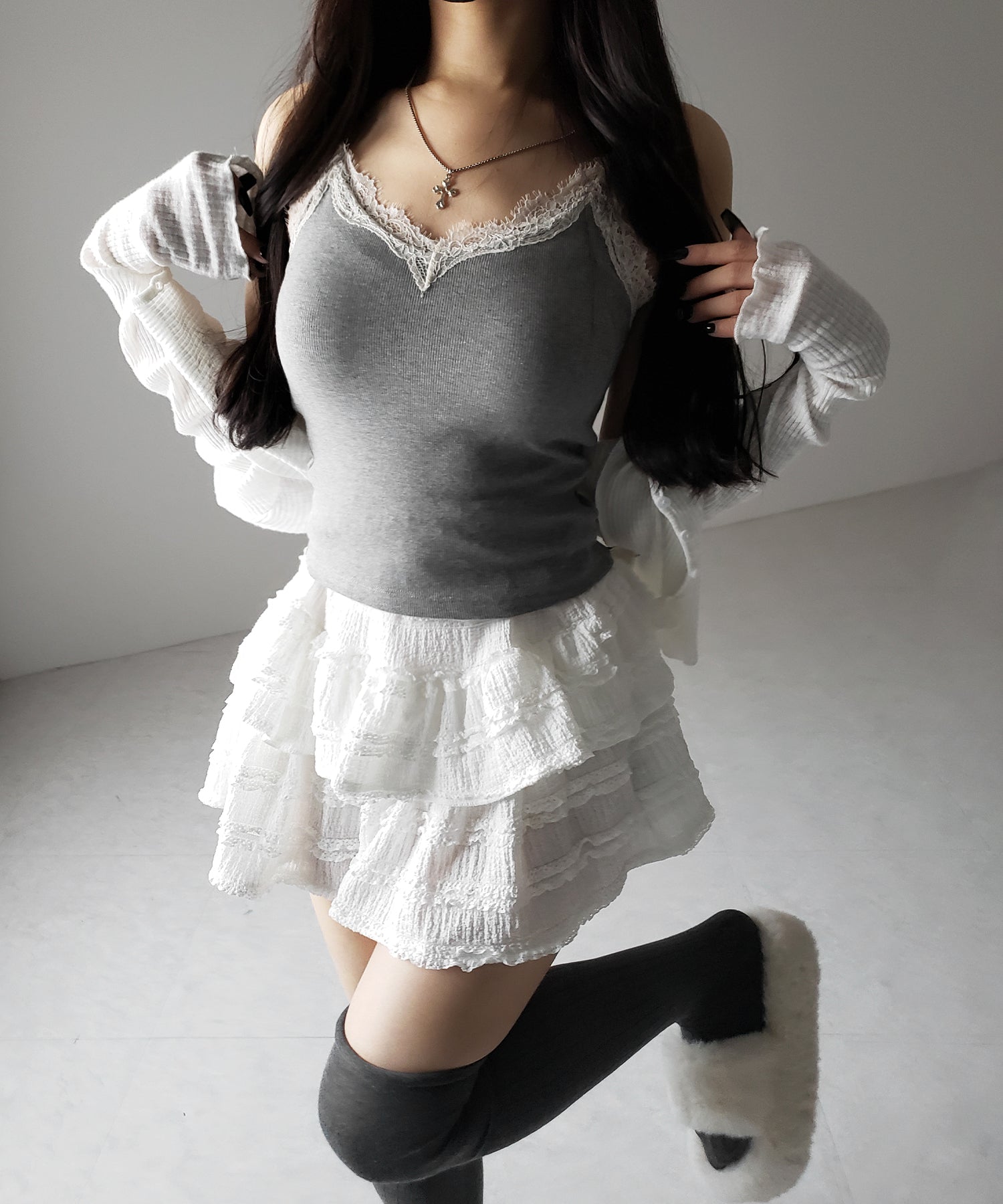 【 カップ付 】レースドッキングリブキャミソール /lace docking ribbed camisole