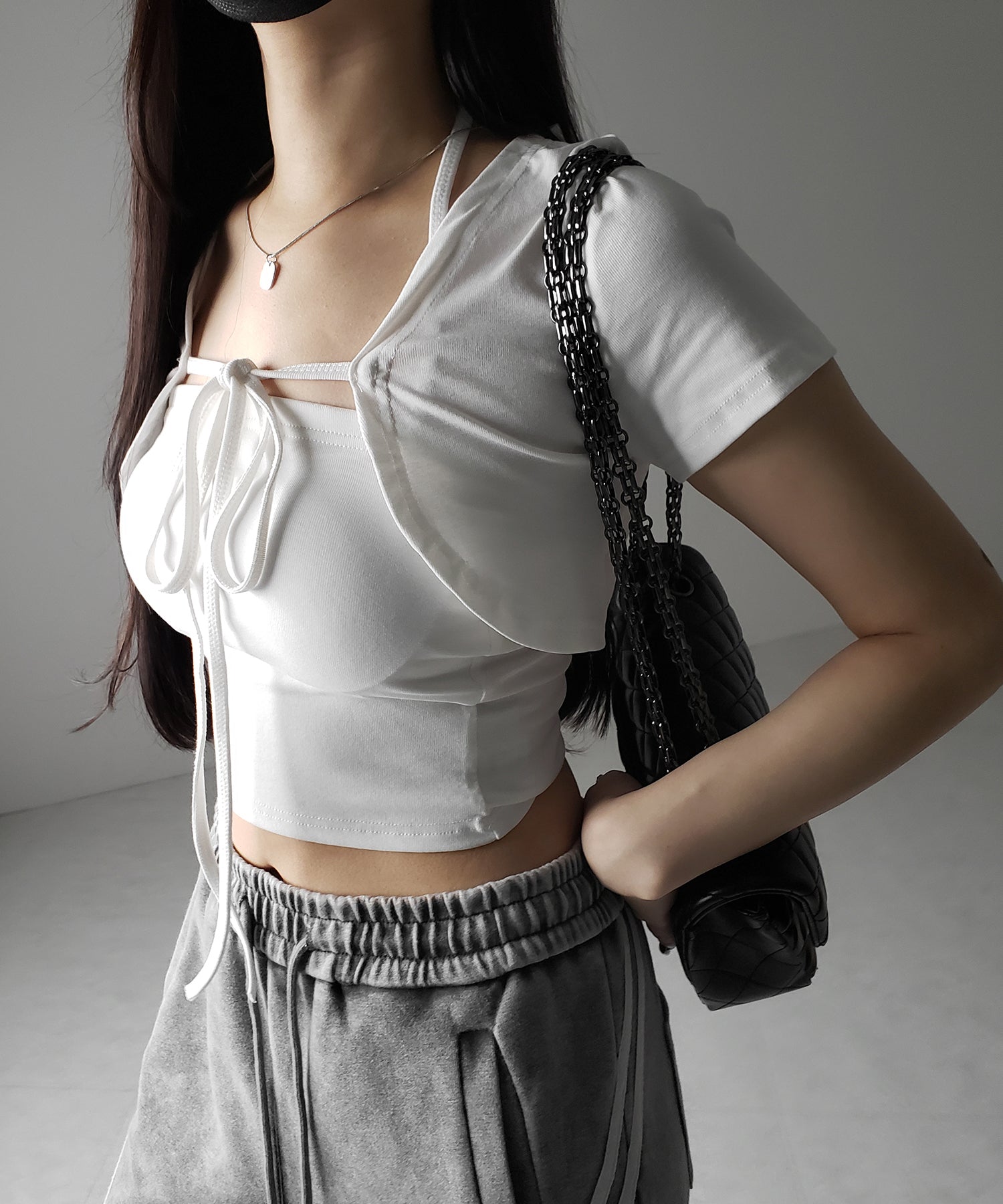 【 2点セット 】フロントリボンショートカーディガン+ ホルターキャミソール SET / front ribbon short cardigan + halter camisole SET