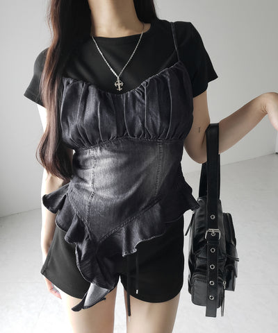 【 2点セット 】ヴィンテージデニムビスチェ & 半袖レイヤードTシャツセット / vintage denim bustier & short sleeve layered T-shirts set