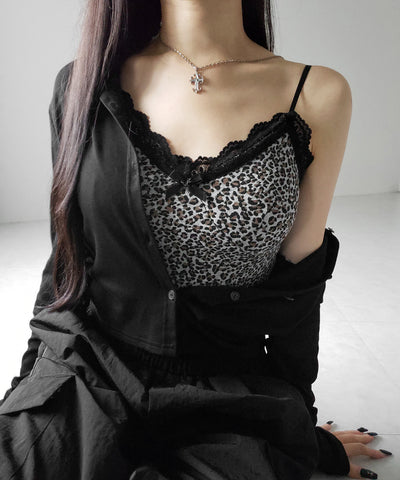 【 2点セット 】ドッキングレースレオパードキャミソール + カーディガン SET / docking lace leopard camisole + cardigan SET