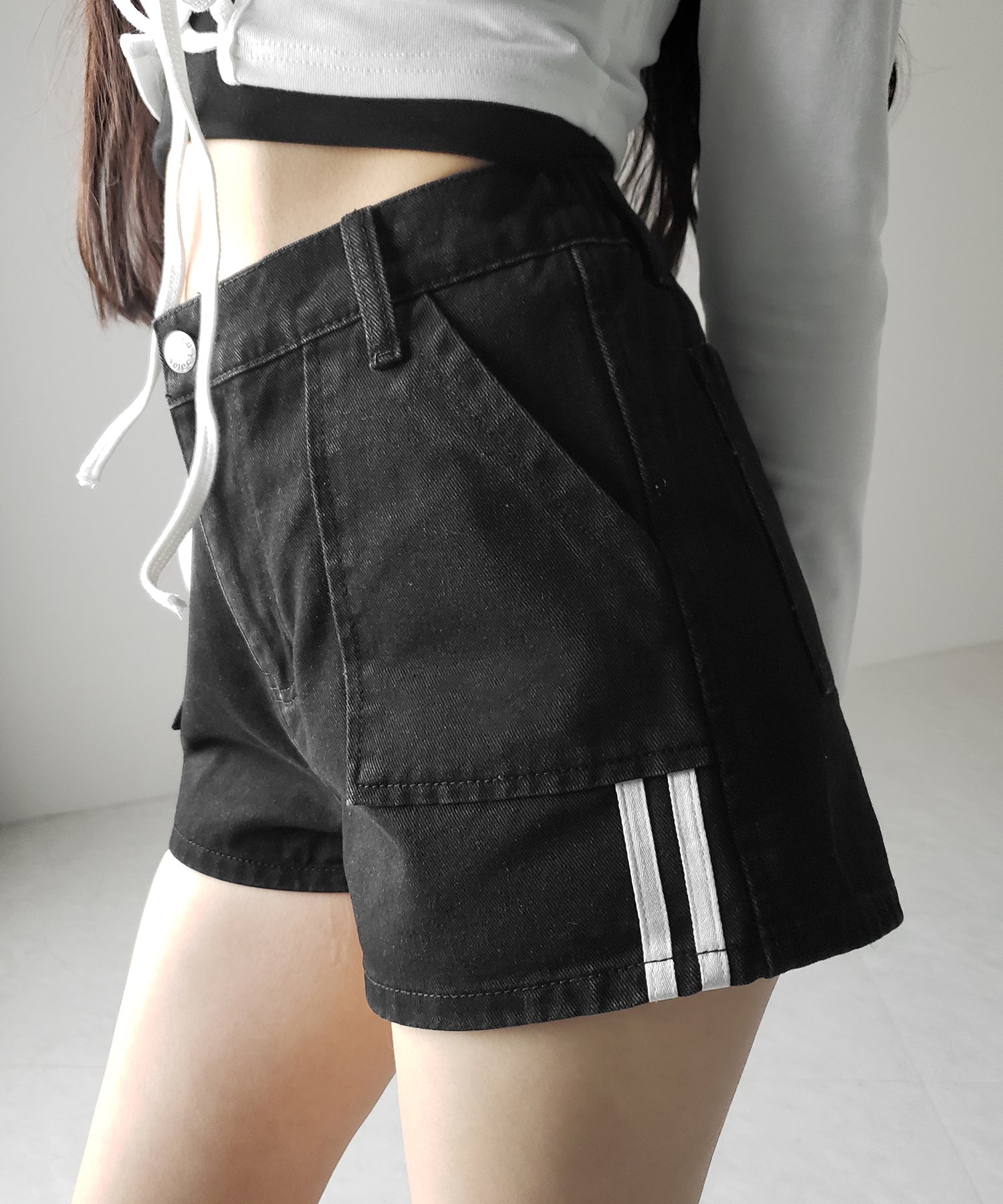 【 2color 】サイドラインハイウエストデニムショートパンツ / sideline highwaist denim short pants