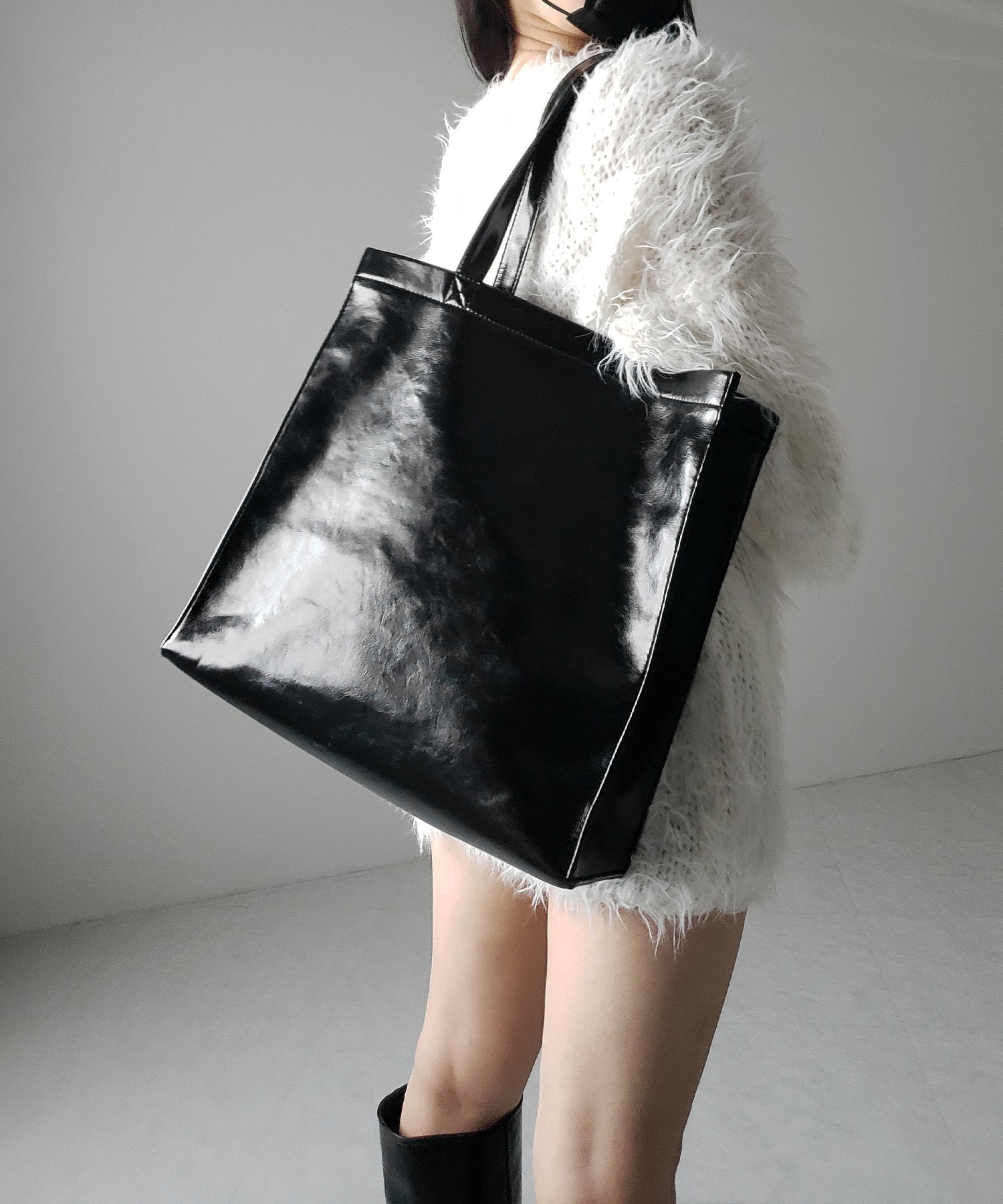 【 2color / 大容量 】フェイクレザービッグスクエアトートバッグ / fake leather big square tote bag