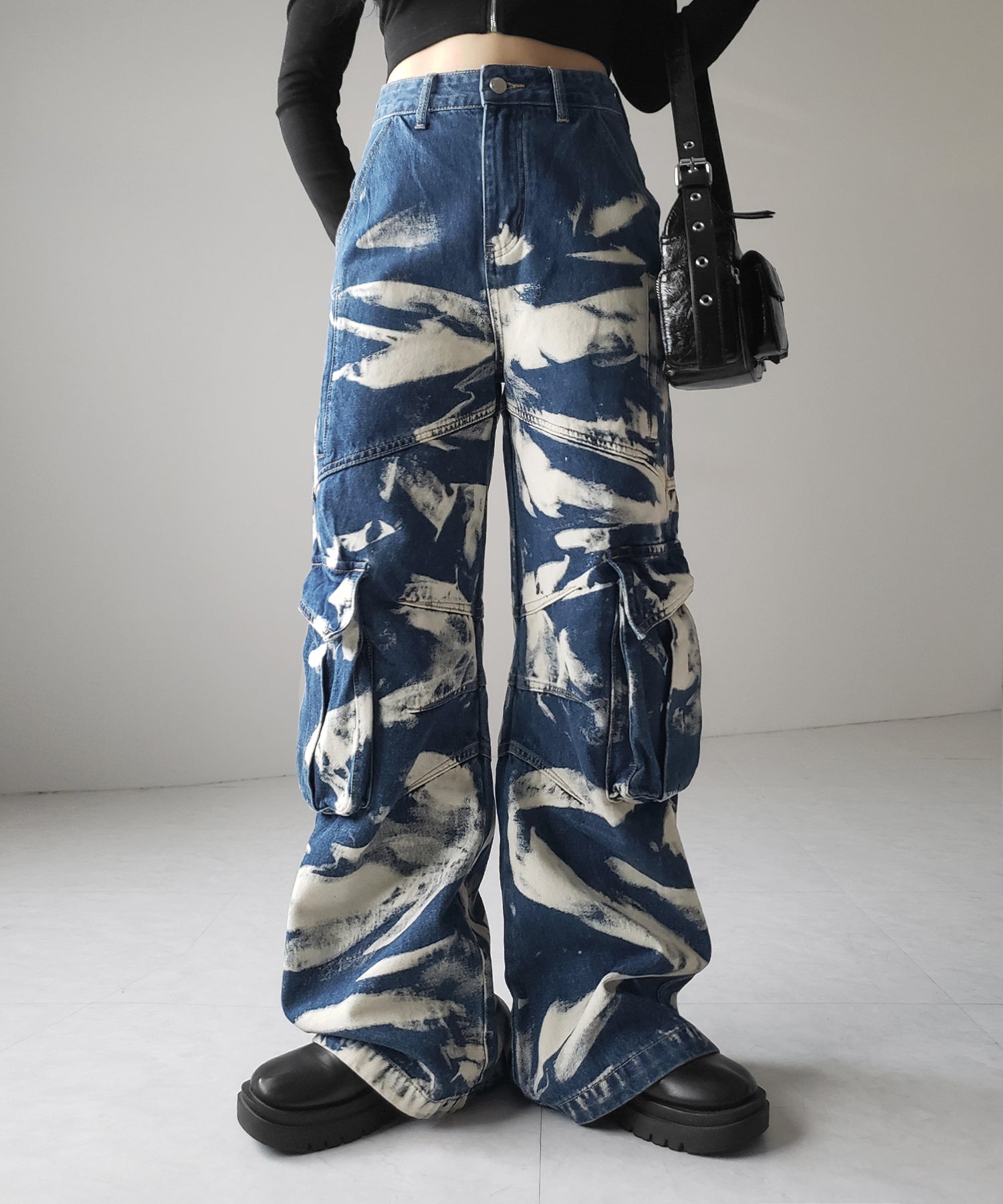 【 2color / 4size 】クラッシュブリーチストレートカーゴデニム /crash bleach straight cargo denim
