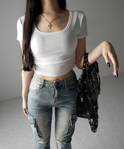 スクエアネックショートスリム半袖Tシャツ / square neck short slim sleeve T-shirt