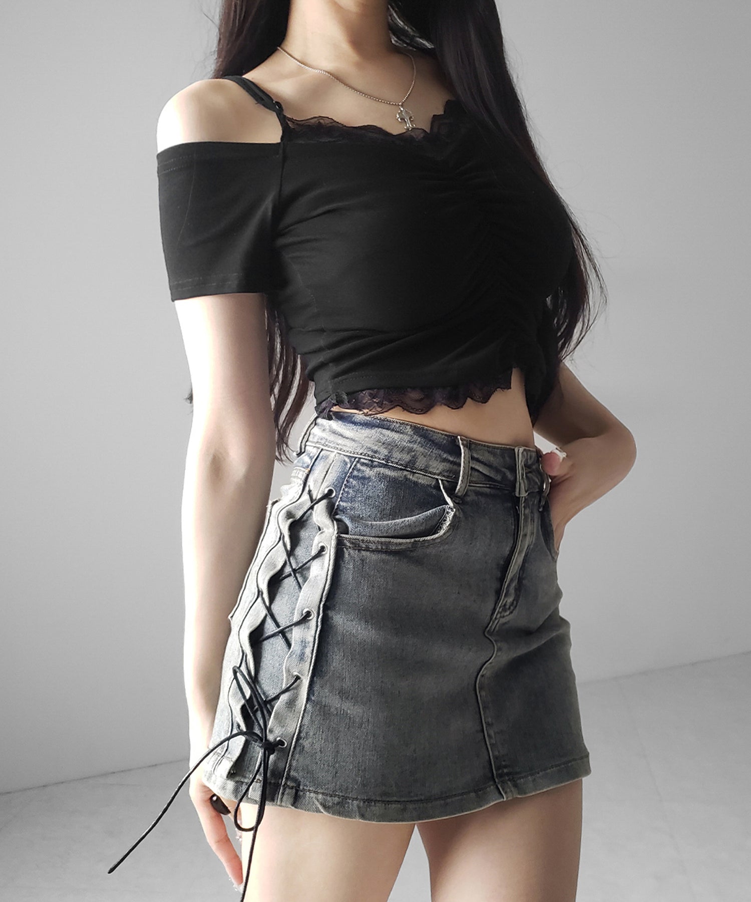レースアップストレッチデニムミニスカパン / lace up stretch denim mini skirt pants