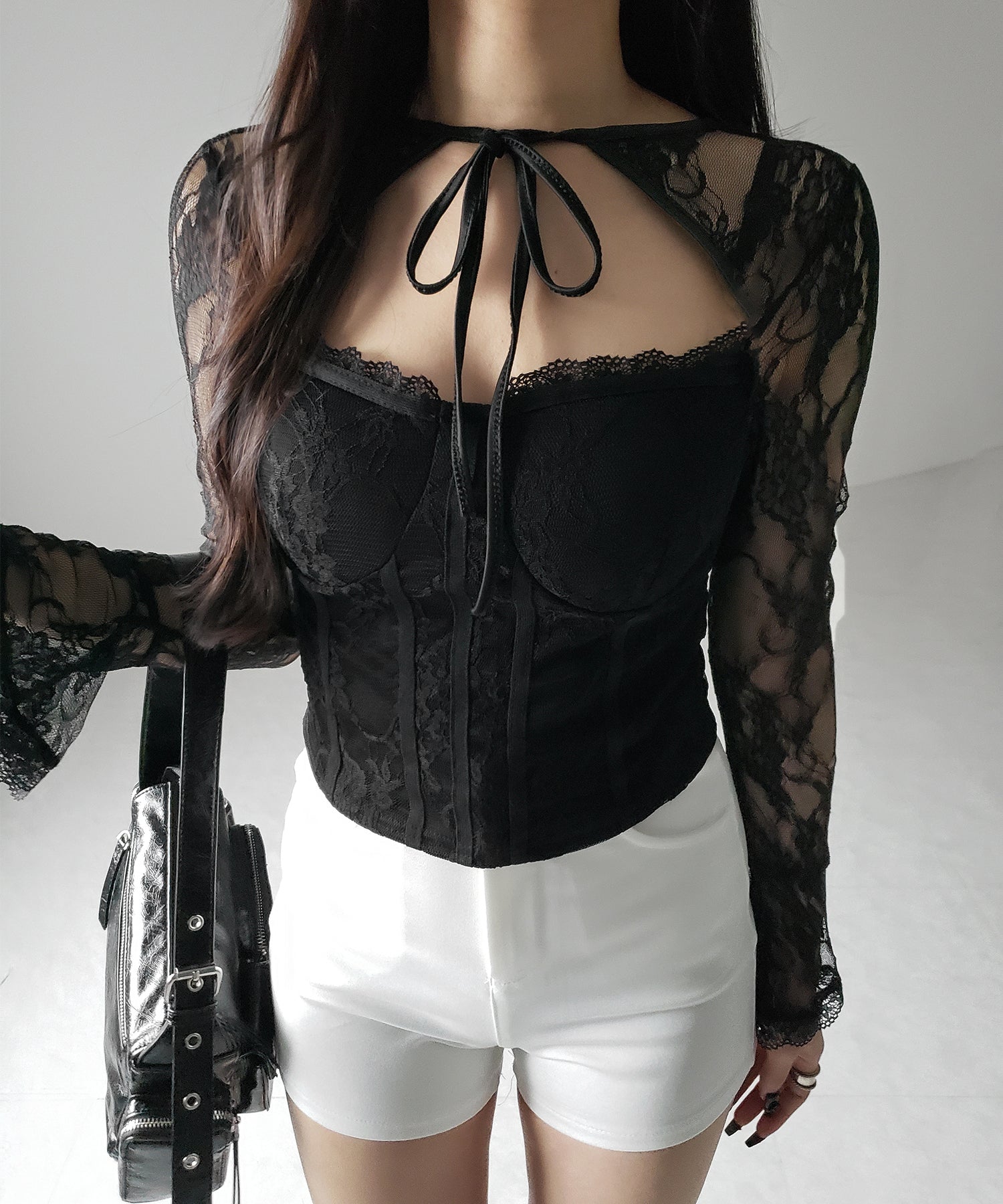 【 2color 】チョーカーネックリボンコルセットレーストップス / choker neck ribbon corset lace tops