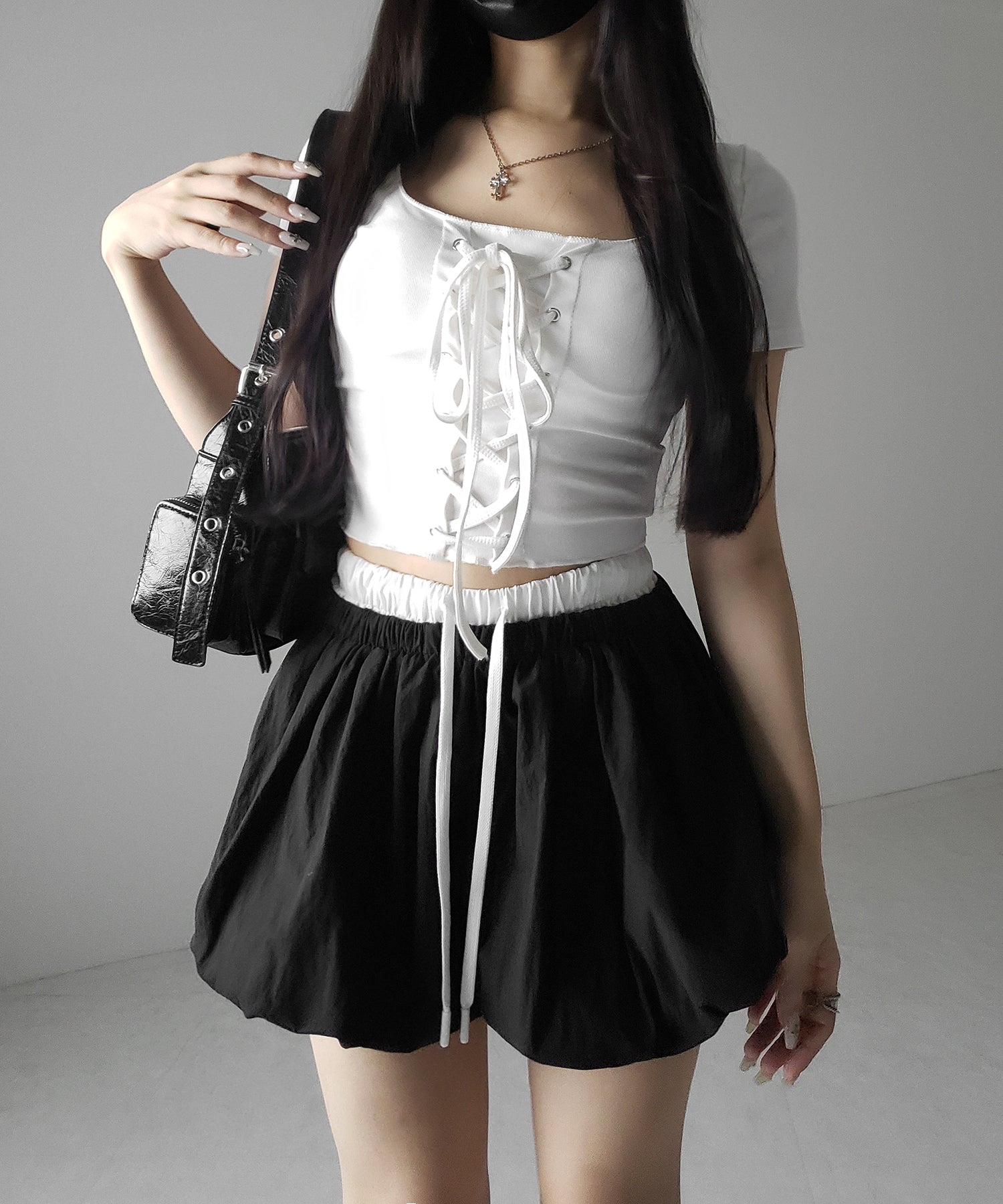 【 2color /インパン裏地付き 】フェイクレイヤードコットンバルーンミニスカート / fake layered cotton balloon mini skirt