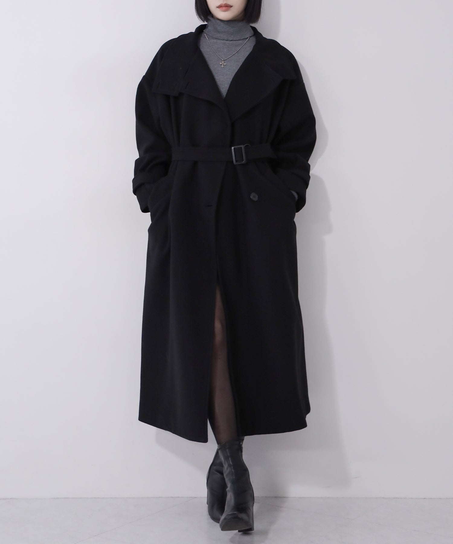 【 ウエストマークベルトSET 】2WAY スタンドカラーレディメルトントレンチロングコート / 2WAY stand collar lady melton trench long coat