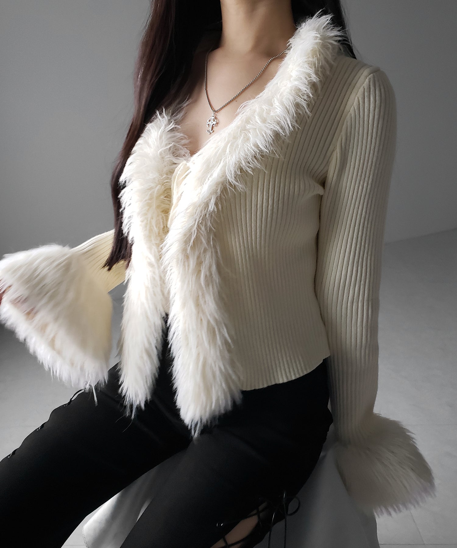 シャギーファードッキングリブニットカーディガン / shaggy fur docking rib knit cardigan