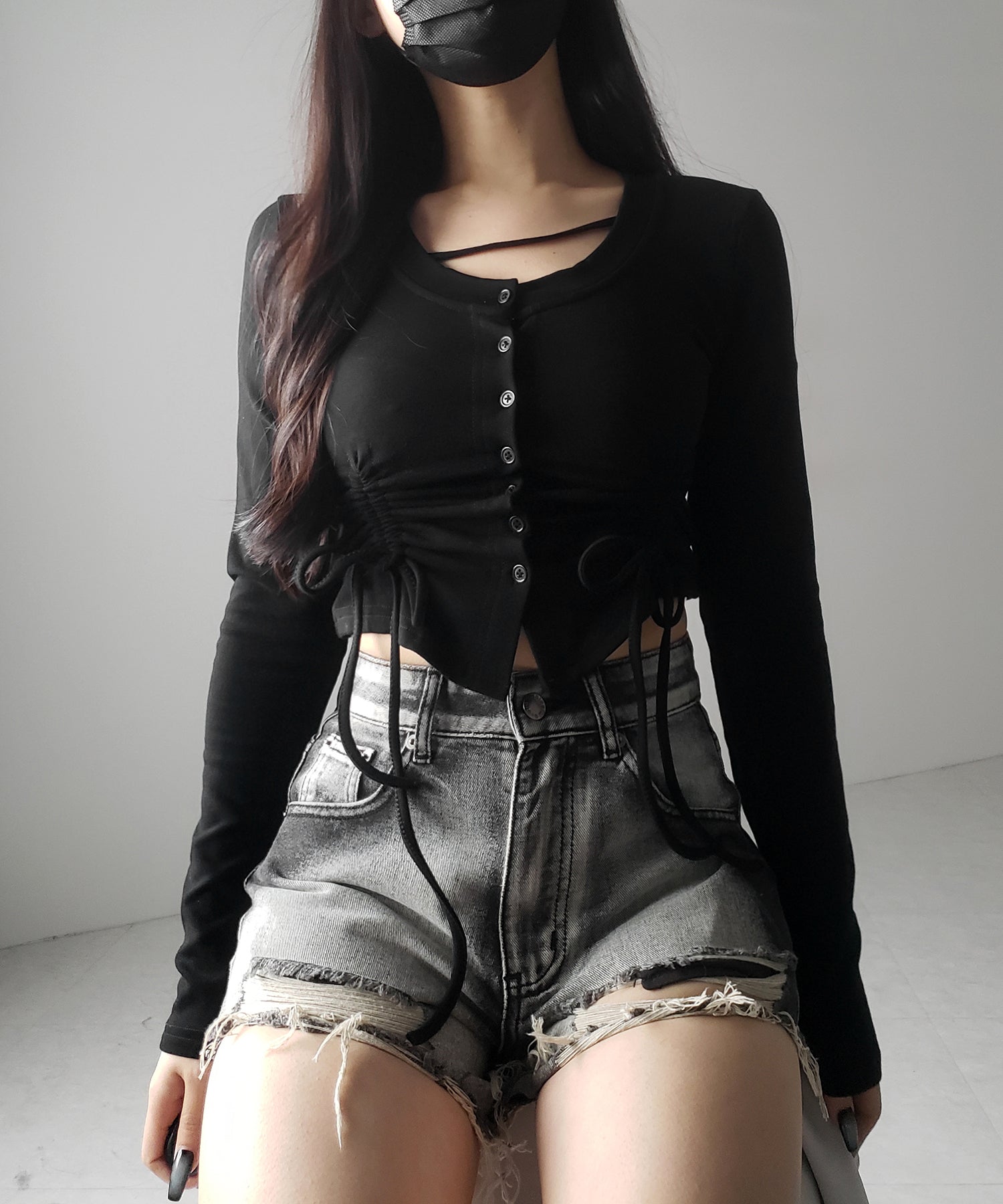 【 2color / 裏起毛 】ナナメストラップダブルシャーリングリボントップス / naname strap double shirring ribbon tops