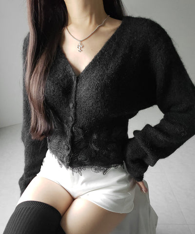 レースドッキングモヘアライクニットカーディガン / Lace docking mohair-like knit cardigan
