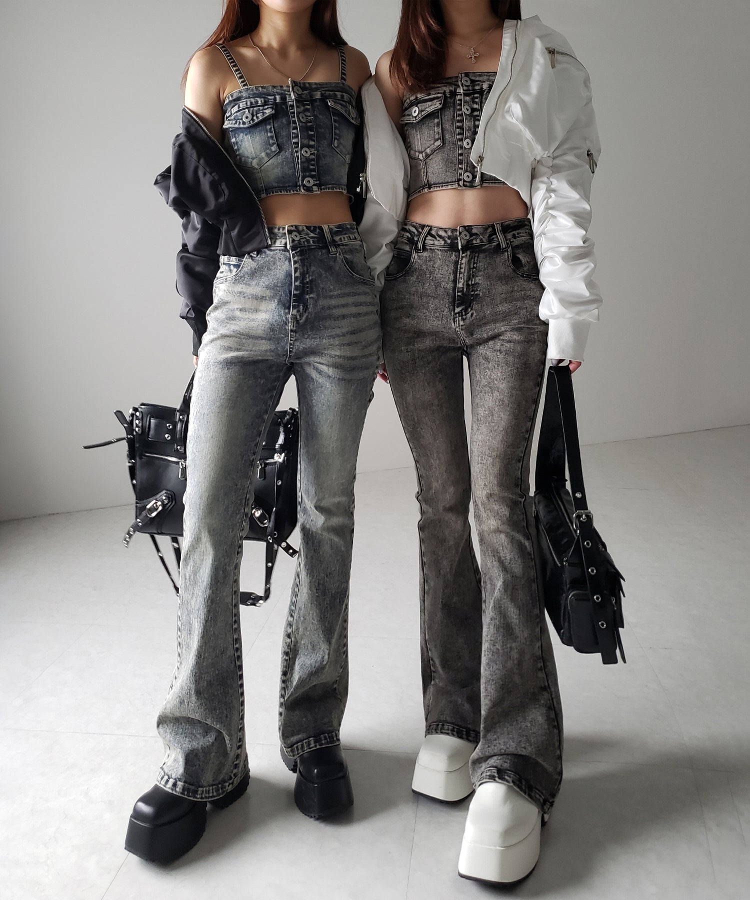 【 セットアップ 】ヴィンテージライクデニムビスチェ + ストレッチフレアデニム SET / 【 SET UP 】 vintage like denim bustier + stretch flare denim