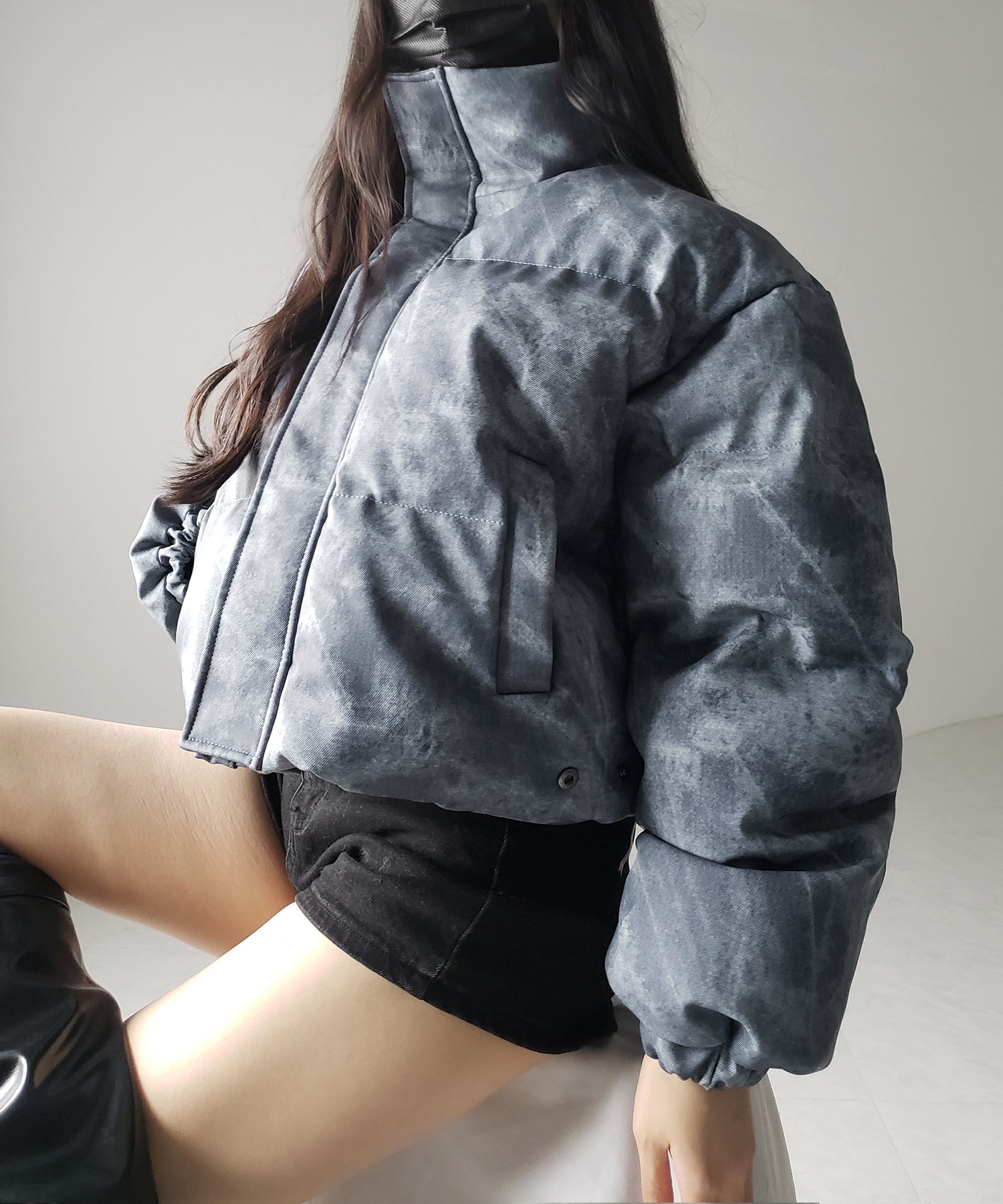 【 セットアップ着用可能 】ヴィンテージライクフェイクレザーショートダウンジャケット / vintage like fake leather short down jacket