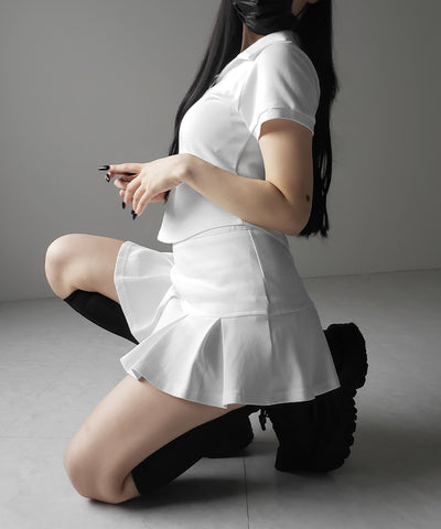 【 2点セット 】スキッパーネック半袖Tシャツ & プリーツミニスカート ワンホンセットアップ / skipper neck short sleeve T-shirt & pleated mini skirt wanghong setup