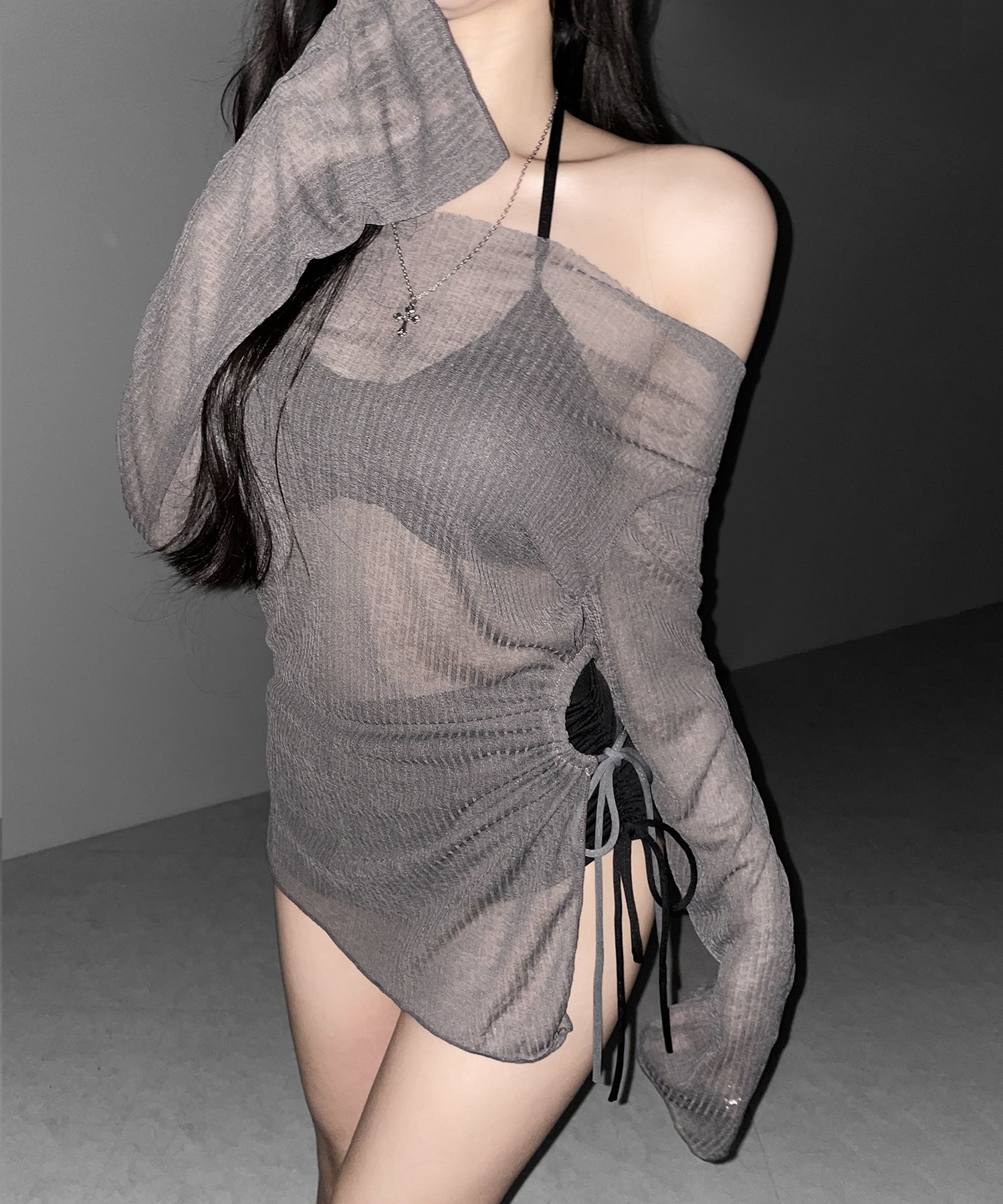 【 レディース水着/3点セット 】シアートップス付き シャーリングリボンホルターネックハイウエストビキニ / ( 3piece ) sheer tops SET shirring ribbon halter neck high waist bikini