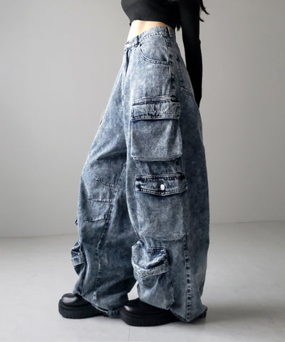 【 デニムセットアップ着用可能 】ヴィンテージケミカルブリーチヘビーワイドカーゴデニム / vintage chemical bleach heavy wide cargo denim