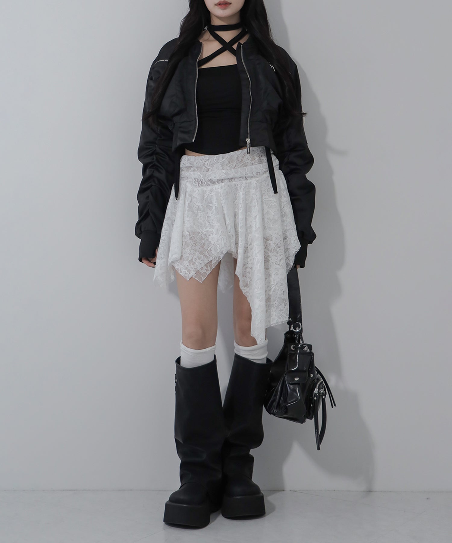 【 2color / インパン裏地付】アシンメトリーフリルレースミニスカート / asymmetry frill lace mini skirt