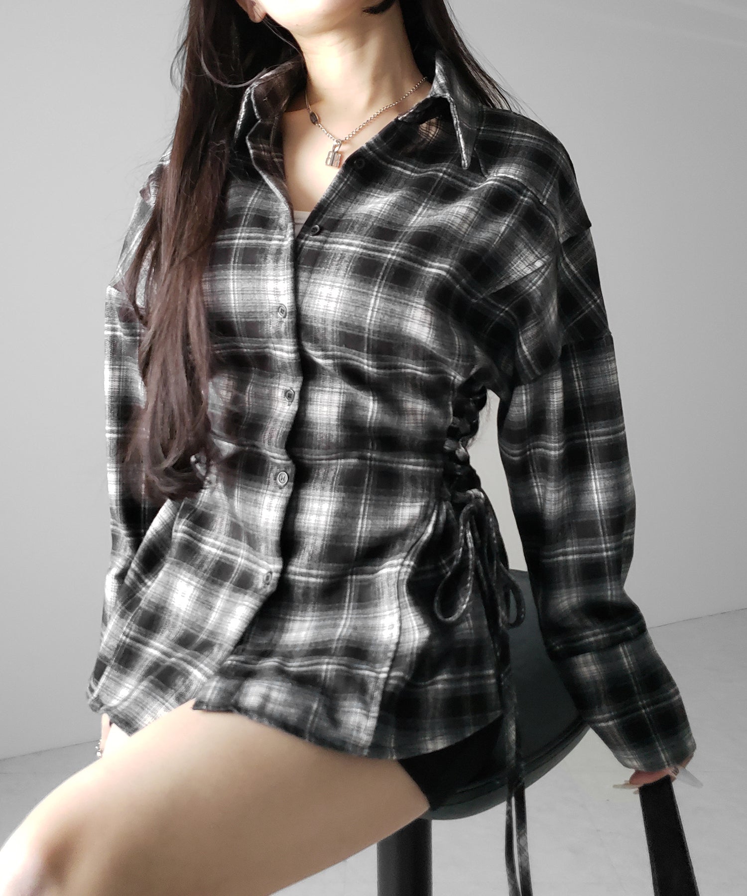 レースアップリボンスリムラインチェックネルシャツ / lace up ribbon slim line check flannel shirt