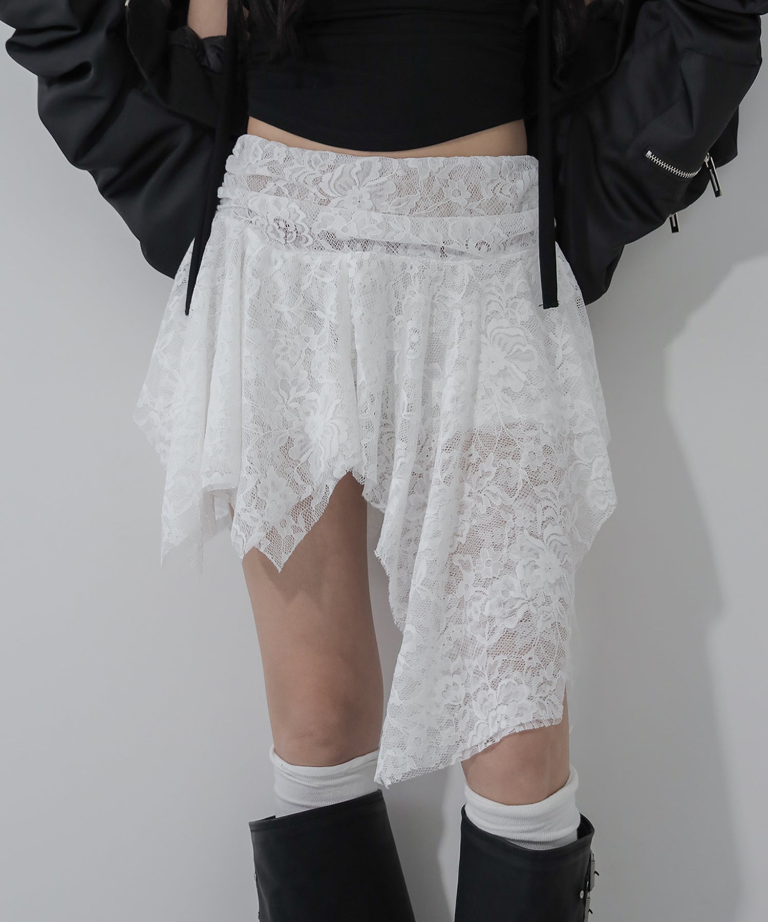 【 2color / インパン裏地付】アシンメトリーフリルレースミニスカート / asymmetry frill lace mini skirt