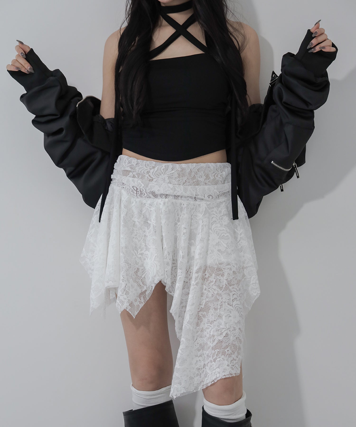 【 インパン裏地付】アシンメトリーフリルレースミニスカート / asymmetry frill lace mini skirt