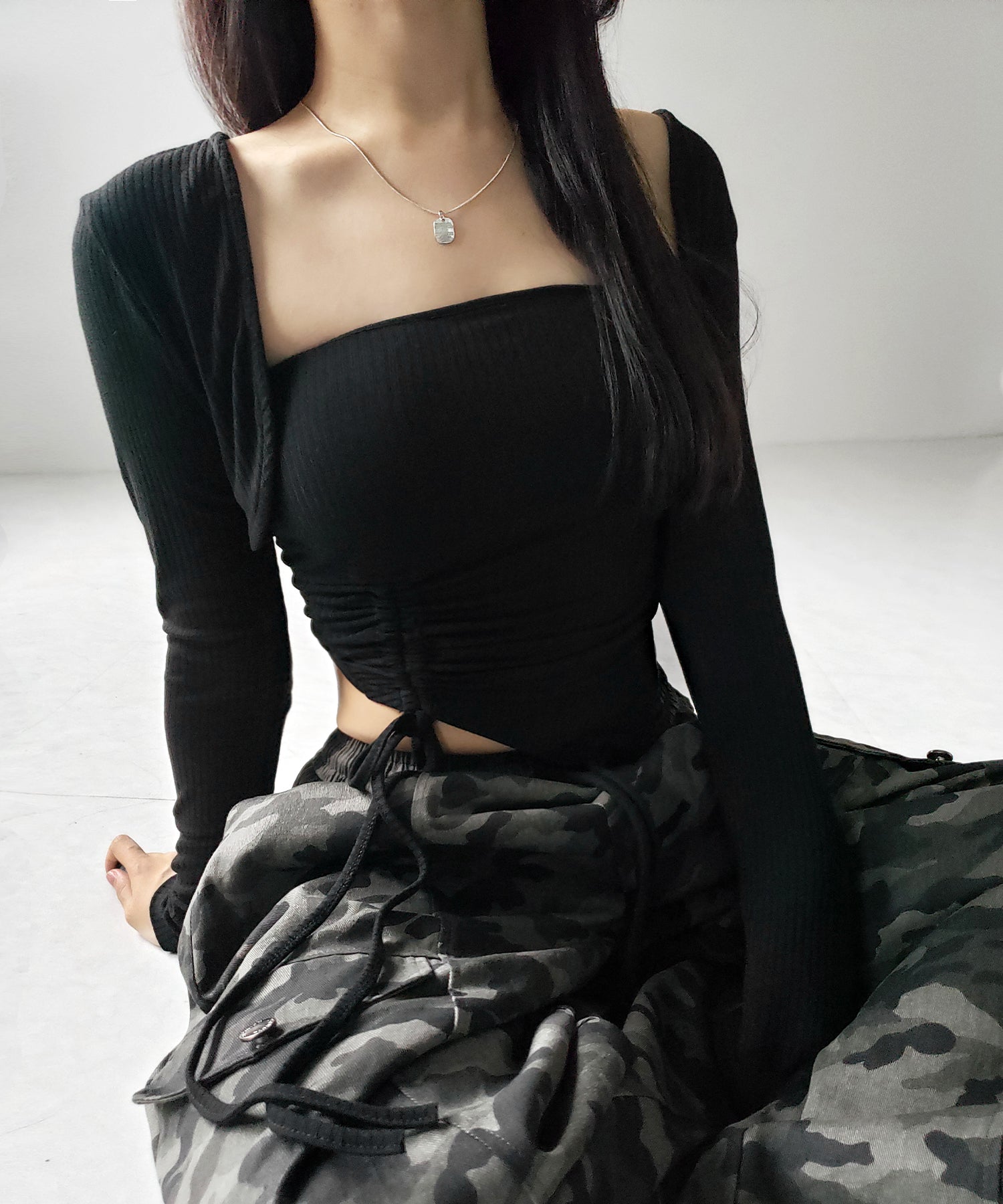 【 2点セット 】シャーリングリボンベアトップス & ショートカーディガン SET / shirring ribbon bare tops & short cardigan SET