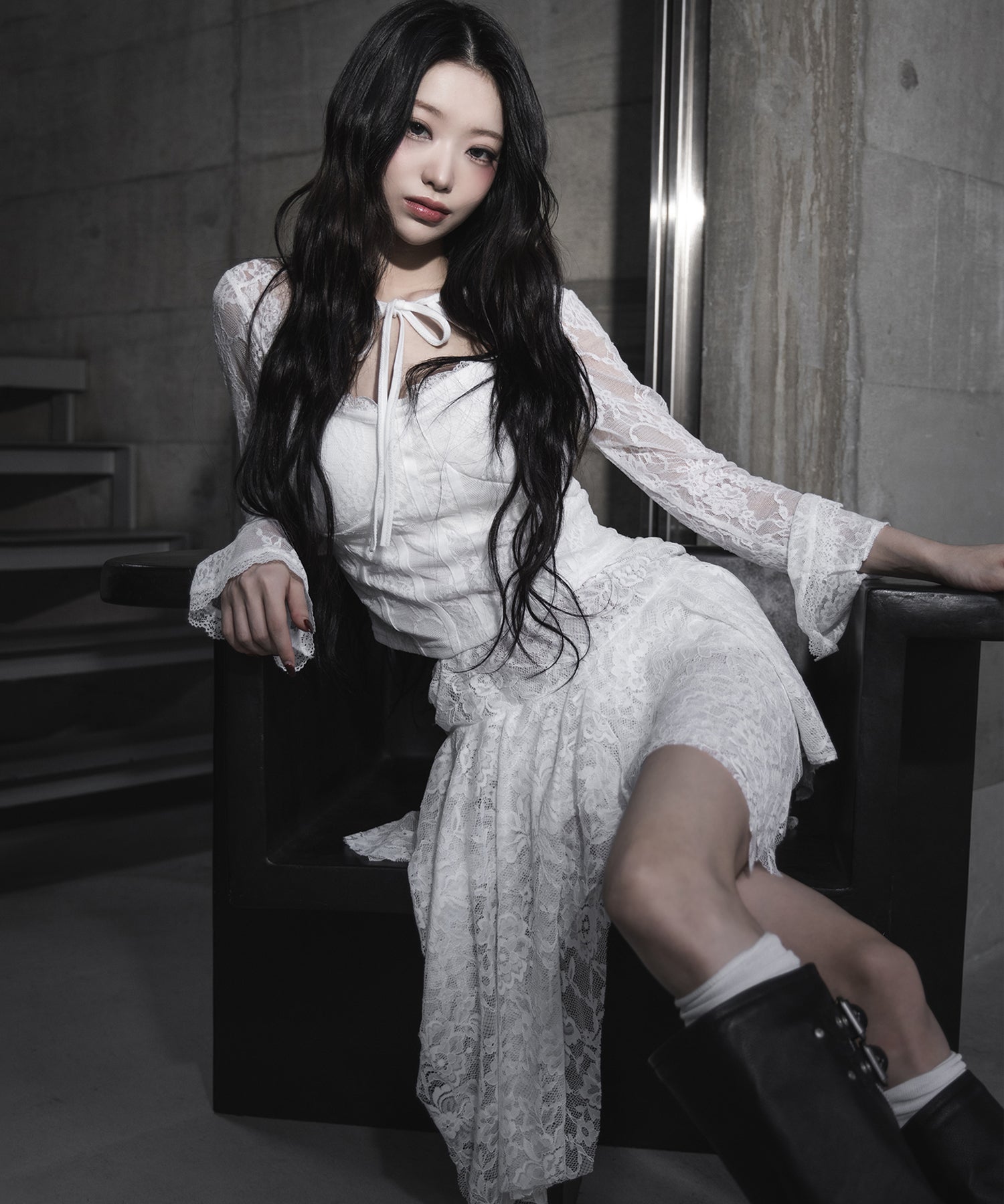 【 インパン裏地付】アシンメトリーフリルレースミニスカート / asymmetry frill lace mini skirt