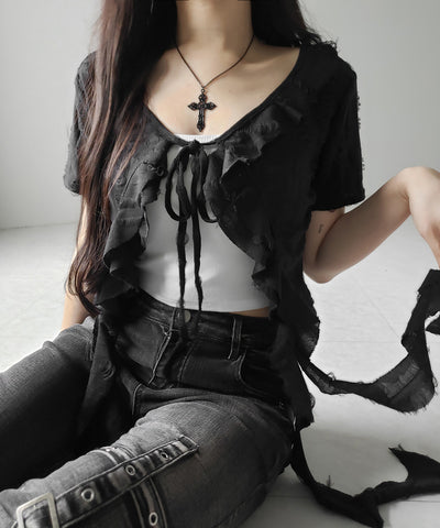ダメージフリル半袖ショートリボンカーディガン / damage frill short sleeve short ribbon cardigan