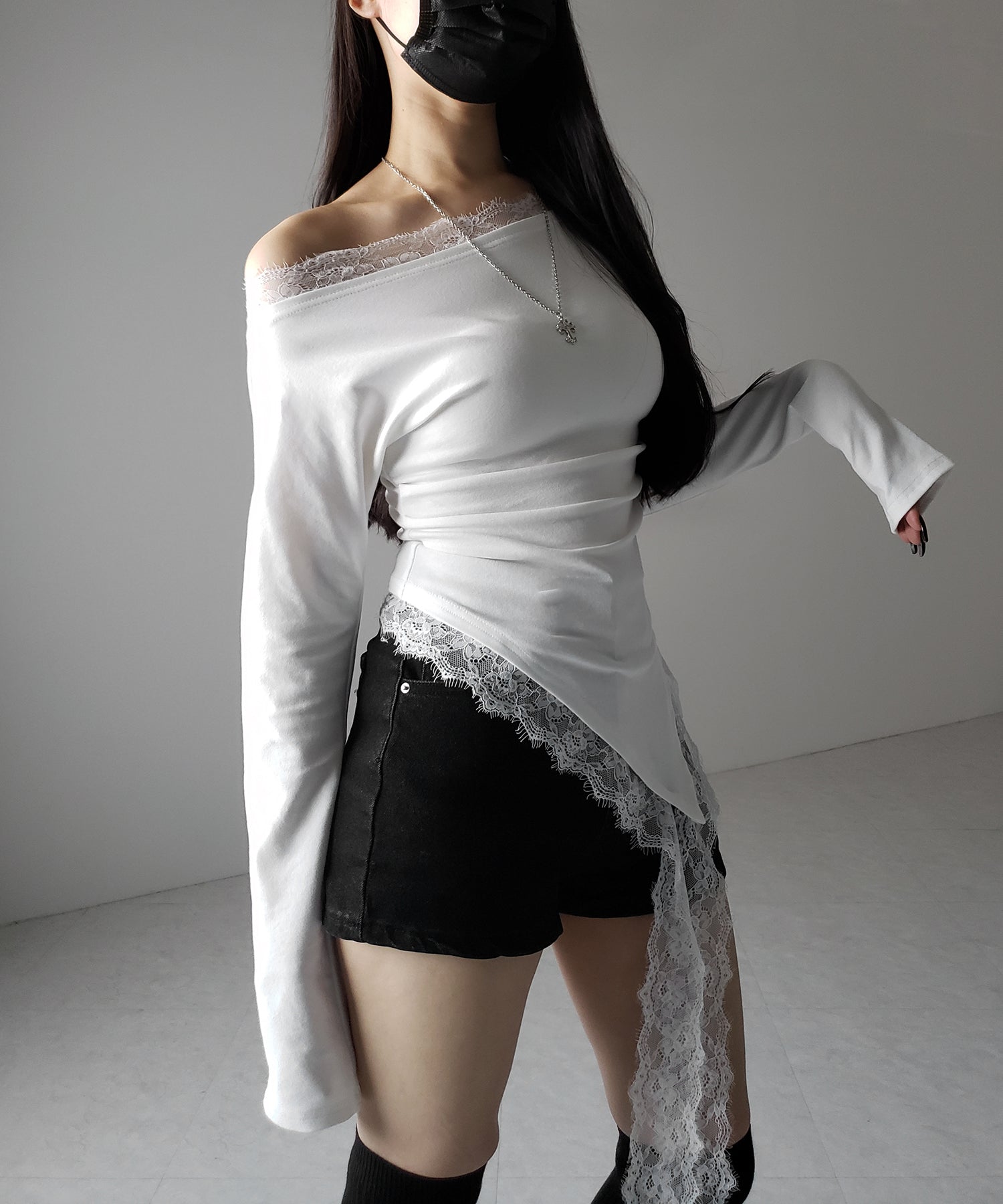 【 2color 】ワンショルダーレースドッキングアシンメトリートップス / one shoulder lace docking asymmetry tops