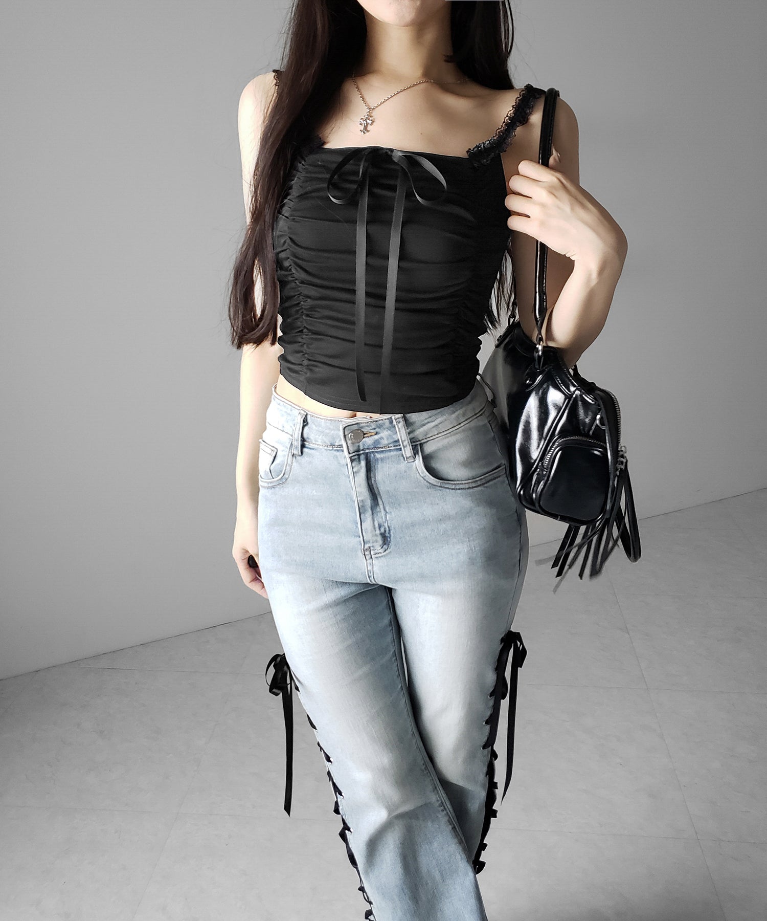 シャーリングギャザーフロントリボンキャミソール / shirring gather front ribbon camisole