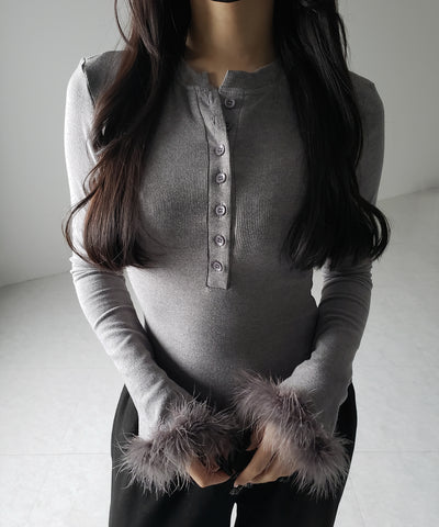 【 2color 】ファースリーブヘンリーネックリブトップス / fur sleeve henley neck lib tops