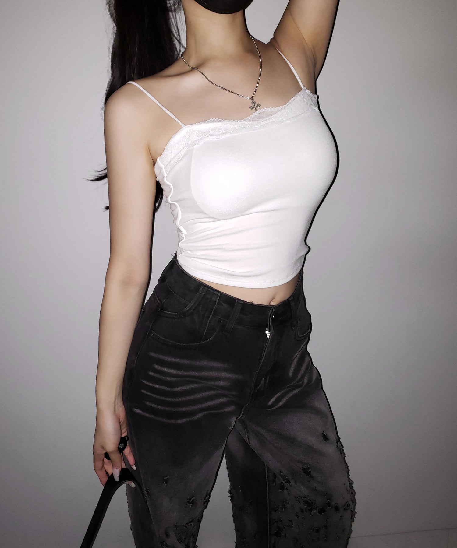 【 3color 】レース切替スクエアクロップドキャミソール / Lace switched square cropped camisole