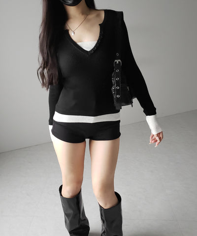 フェイクレイヤードスリムリブニットトップス / Fake layered slim rib knit tops