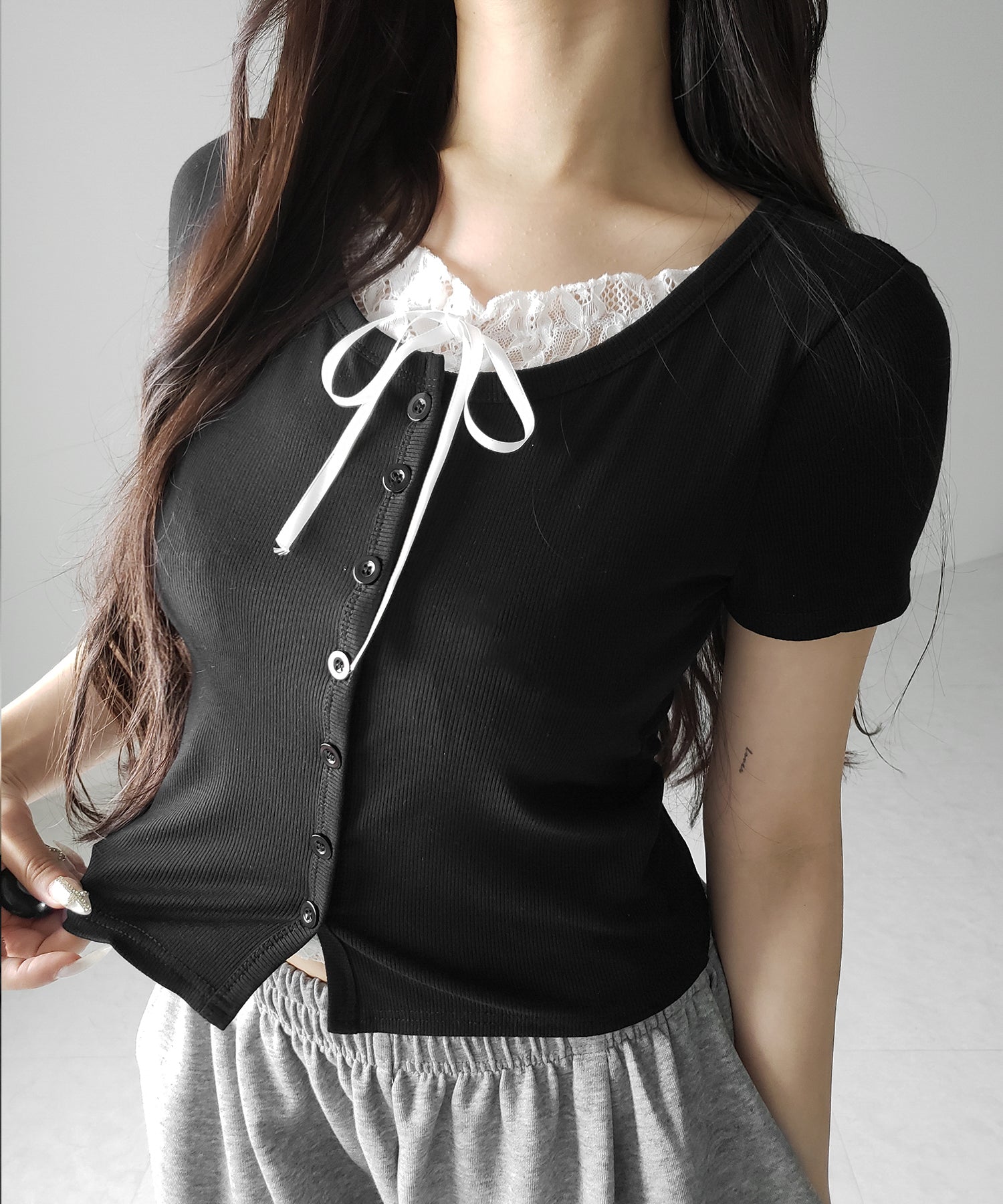 フロントリボンレースレイヤード半袖リブトップス /front ribbon lace layered short sleeve rib tops