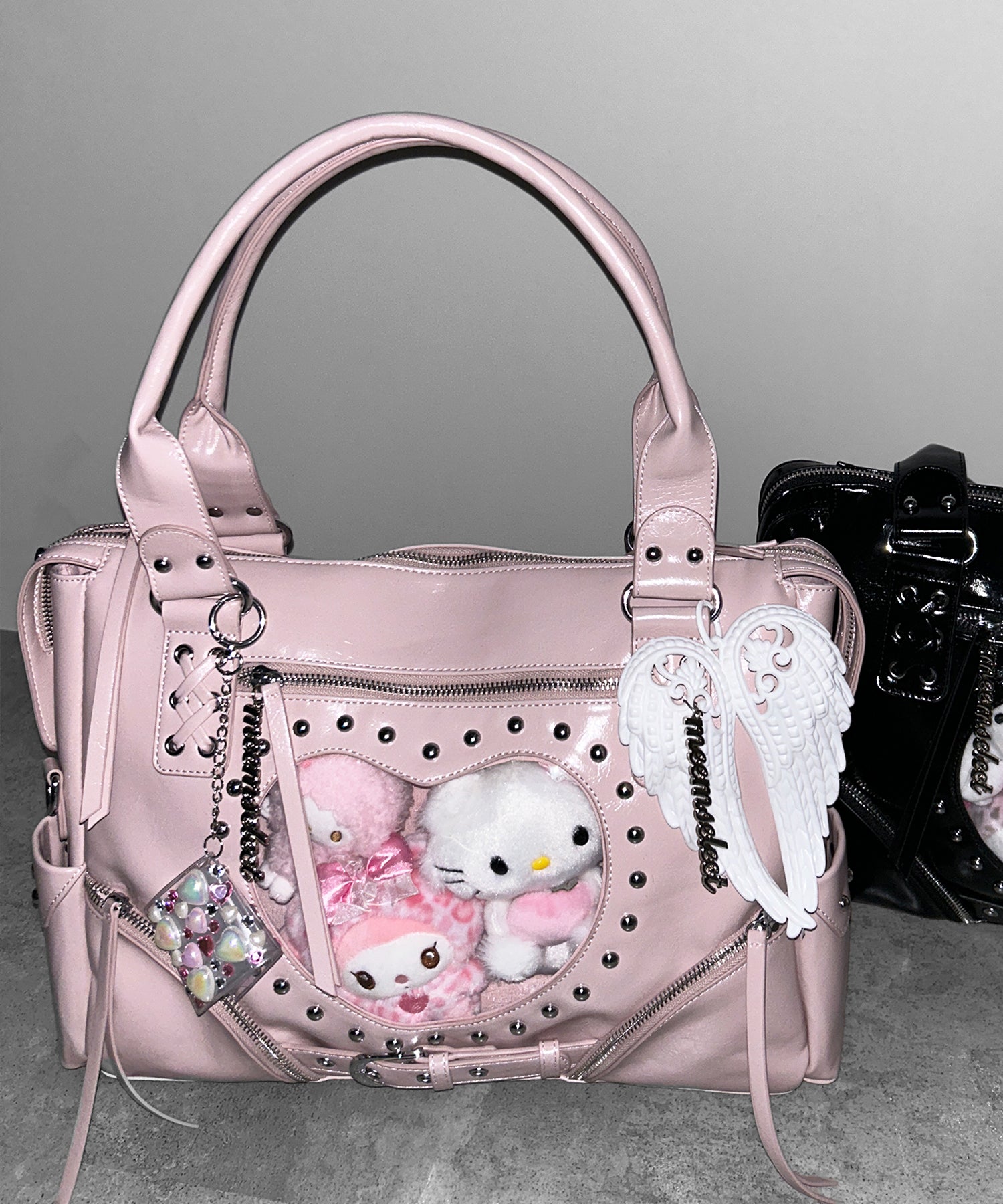 【 限定先行販売 】ハートクリアポケットスタッズフェイクレザートートバッグ / heart clear pocket studs fake leather tote bag