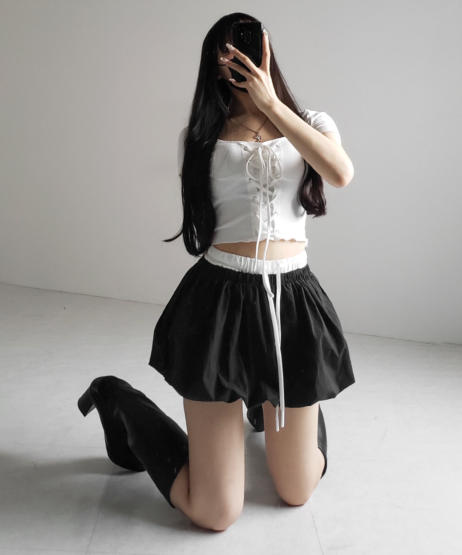 【 2color /インパン裏地付き 】フェイクレイヤードコットンバルーンミニスカート / fake layered cotton balloon mini skirt