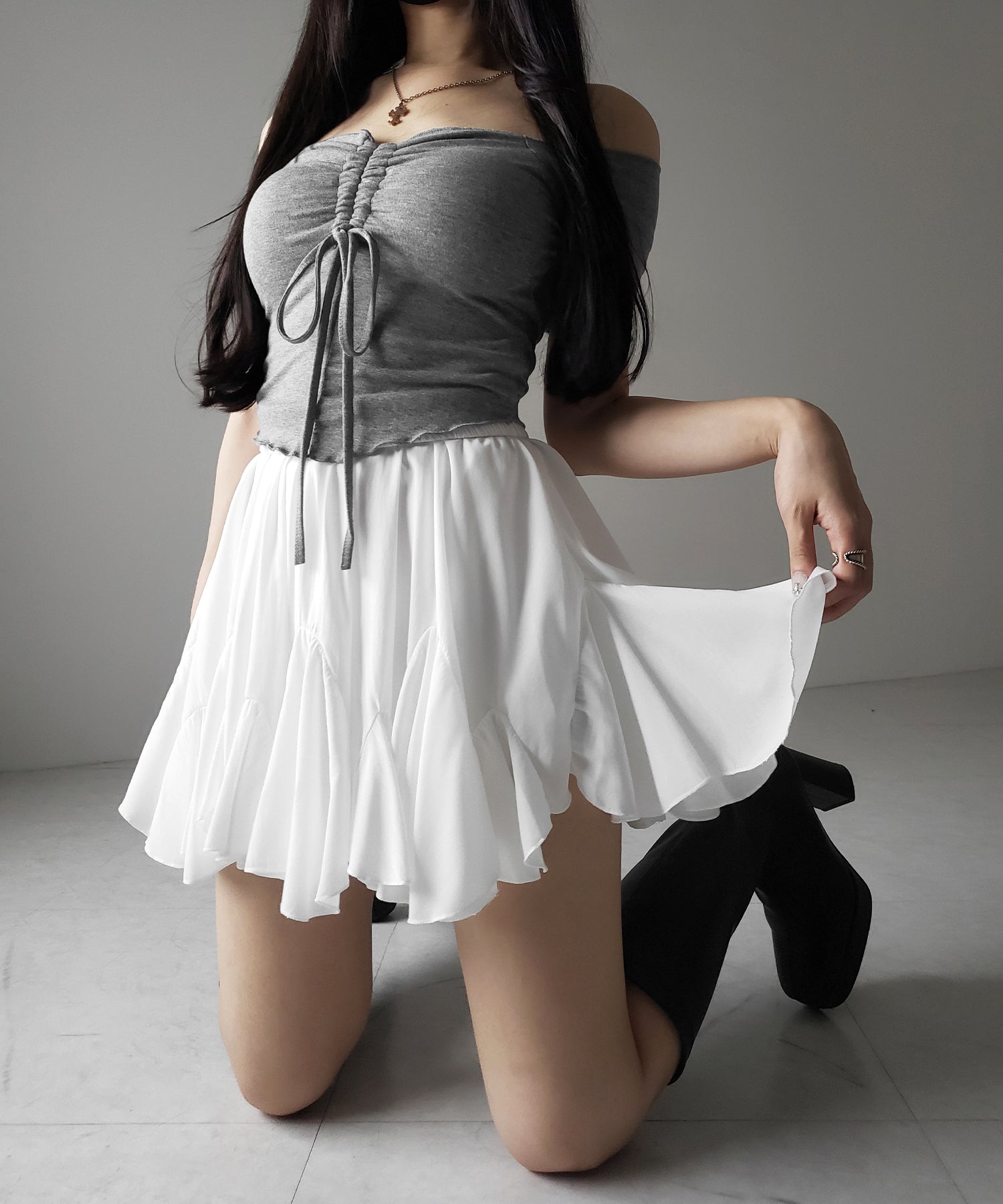 【 2color /インパン裏地付き 】ハイウエストドレープフレアミニスカート / high waist draped flare mini skirt