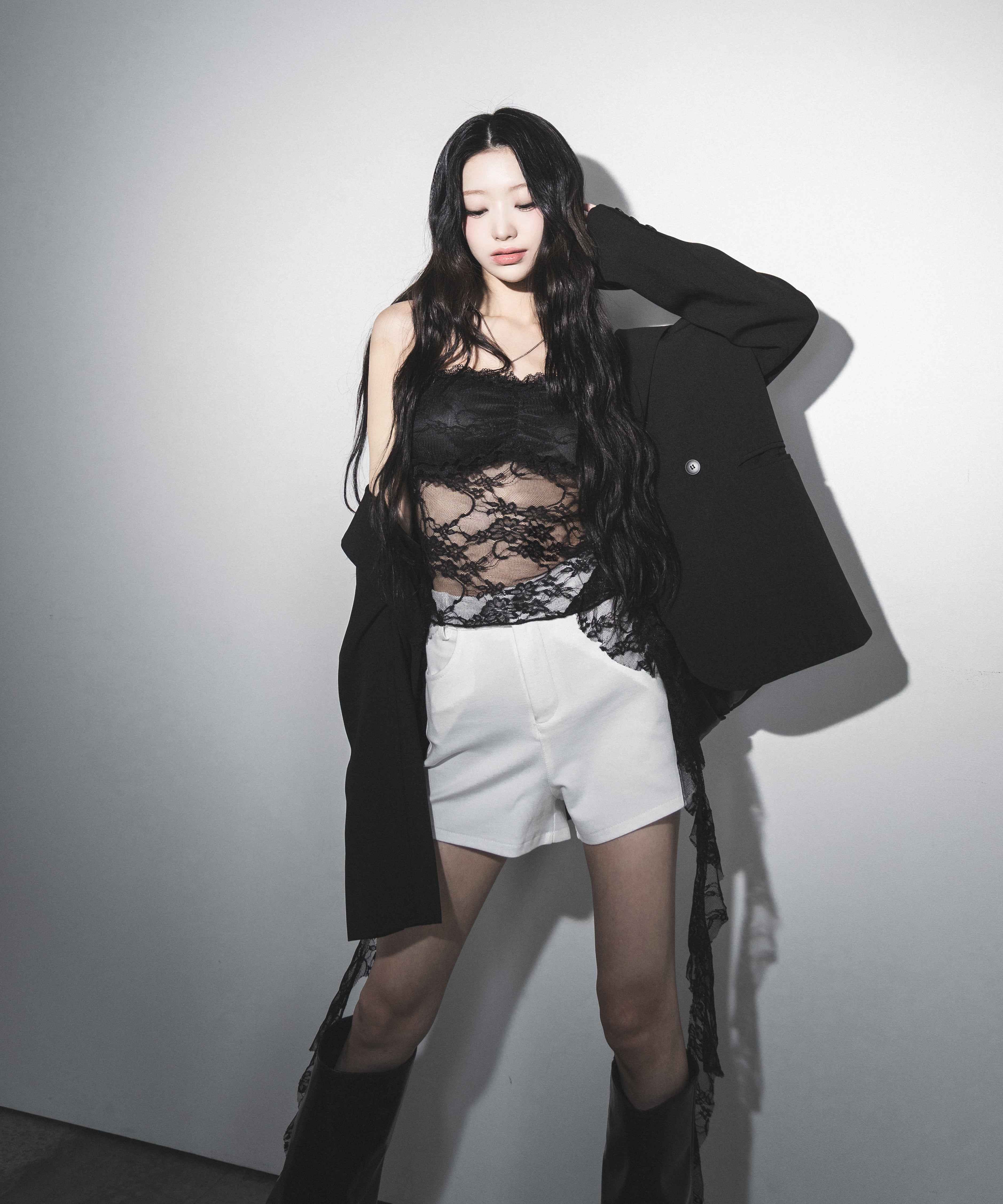 【 2color 】アシンメトリーフリルレースベアトップス / asymmetry frill lace bare tops