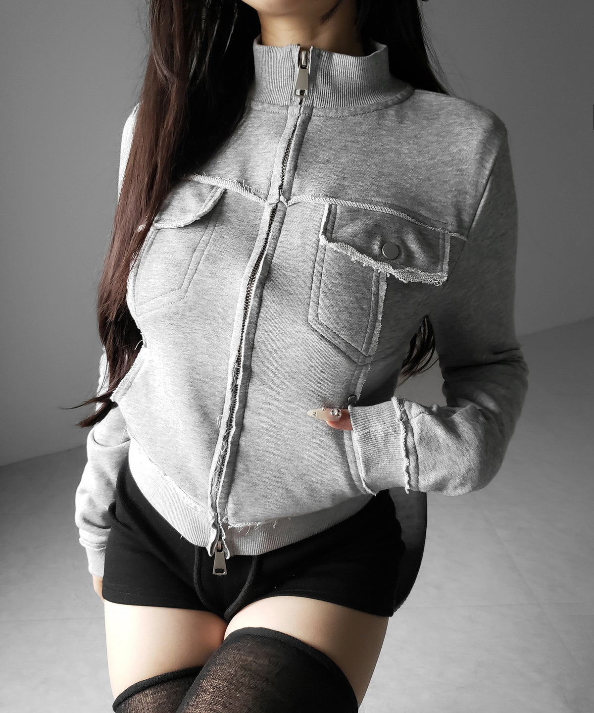 ダブルジップアウトポケット裏毛スリムジャケット / Double-zip outer pocket sweat slim jacket