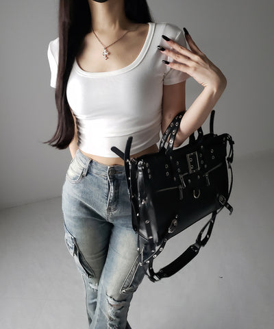 スクエアネックショートスリム半袖Tシャツ / square neck short slim sleeve T-shirt