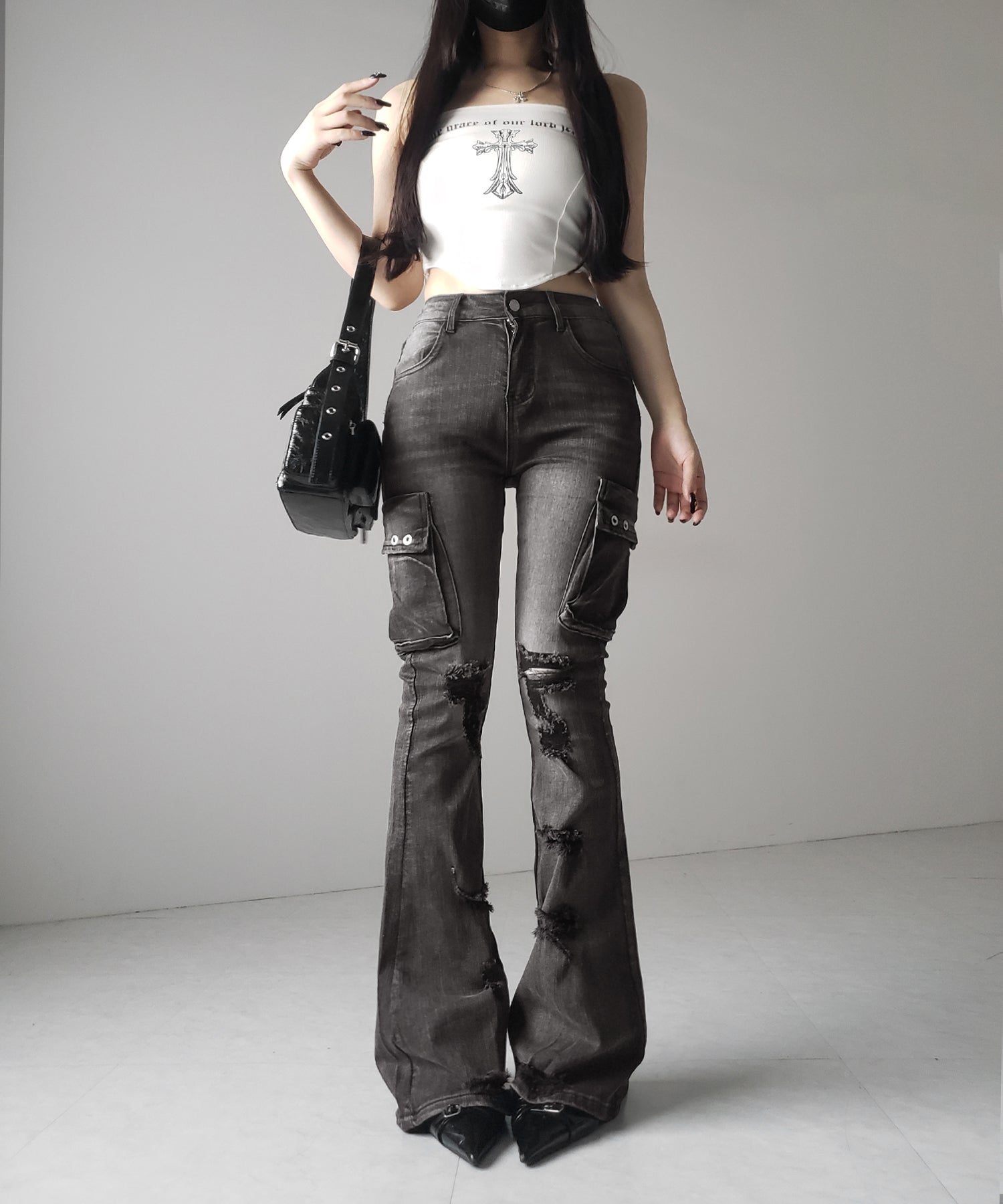 【 2color / 4size 】カーゴデザインヴィンテージライクダメージストレッチフレアデニム / cargo design vintage-like damage stretch flare denim