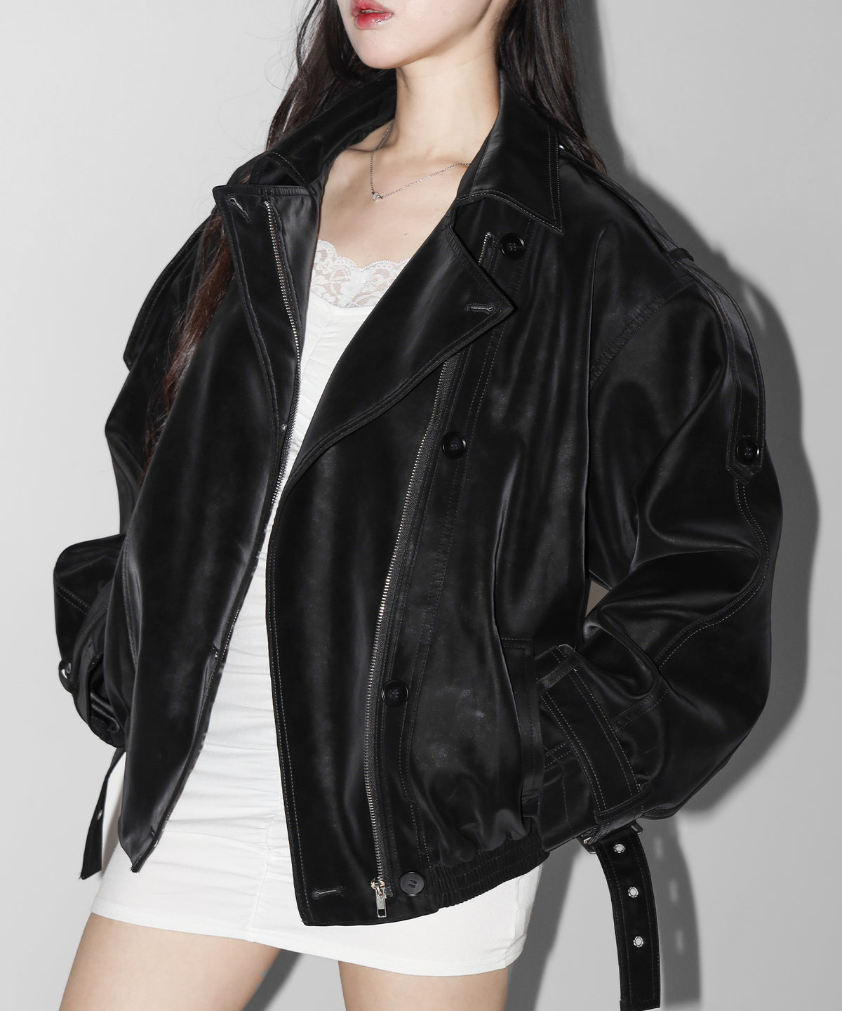 ヴィンテージフェイクレザーベルテッドジップアップオーバーブルゾン / Vintage fake leather belted zipup over blouson