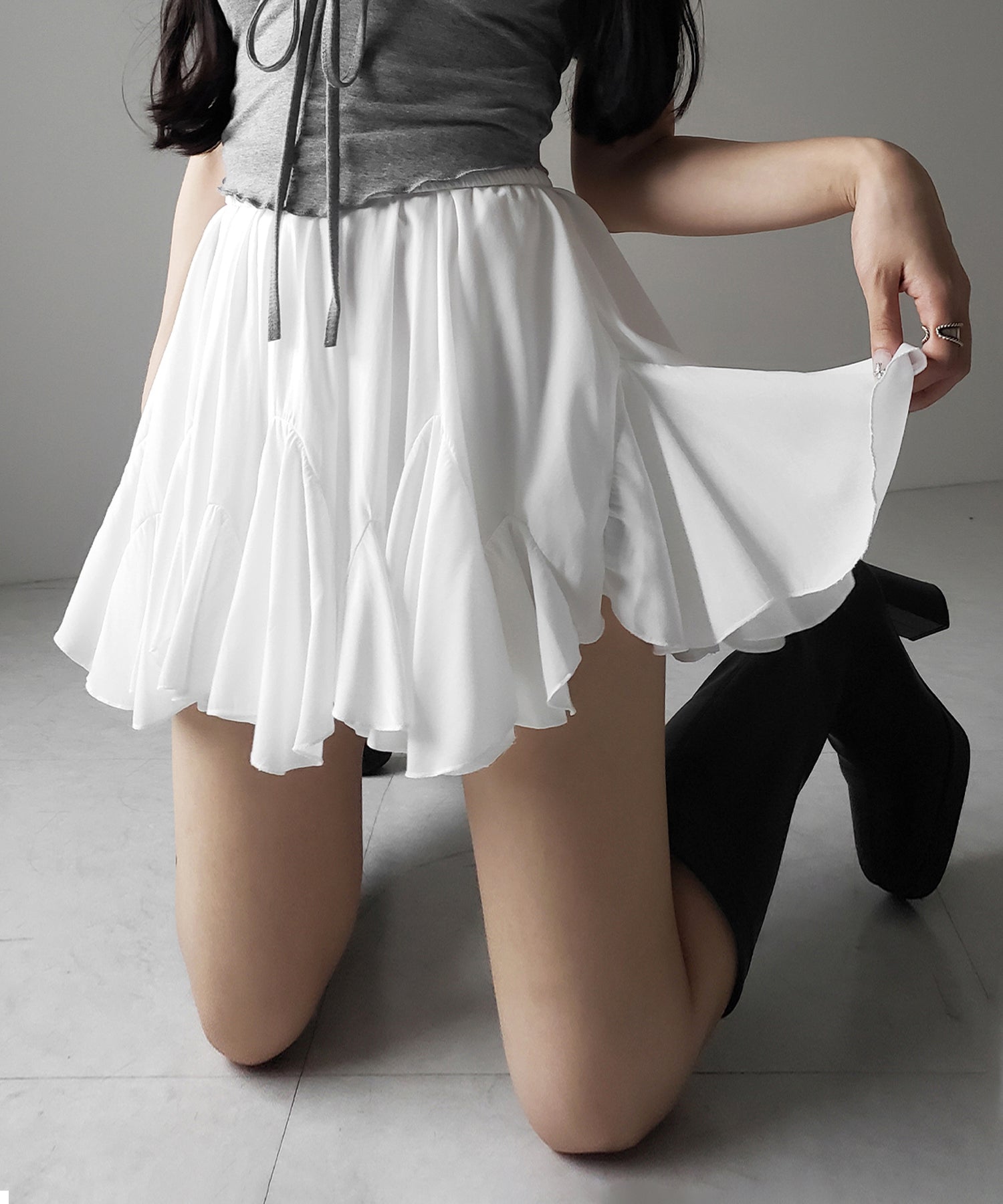 【 2color /インパン裏地付き 】ハイウエストドレープフレアミニスカート / high waist draped flare mini skirt