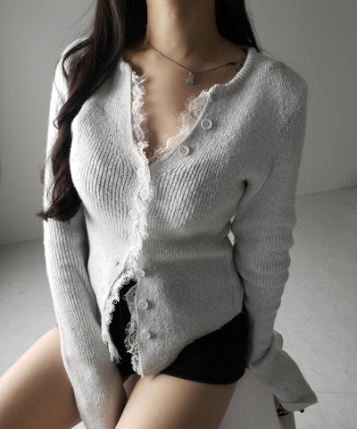 レースドッキングスパングルキーネックニットカーディガン / lace docking spangle key neck knit cardigan