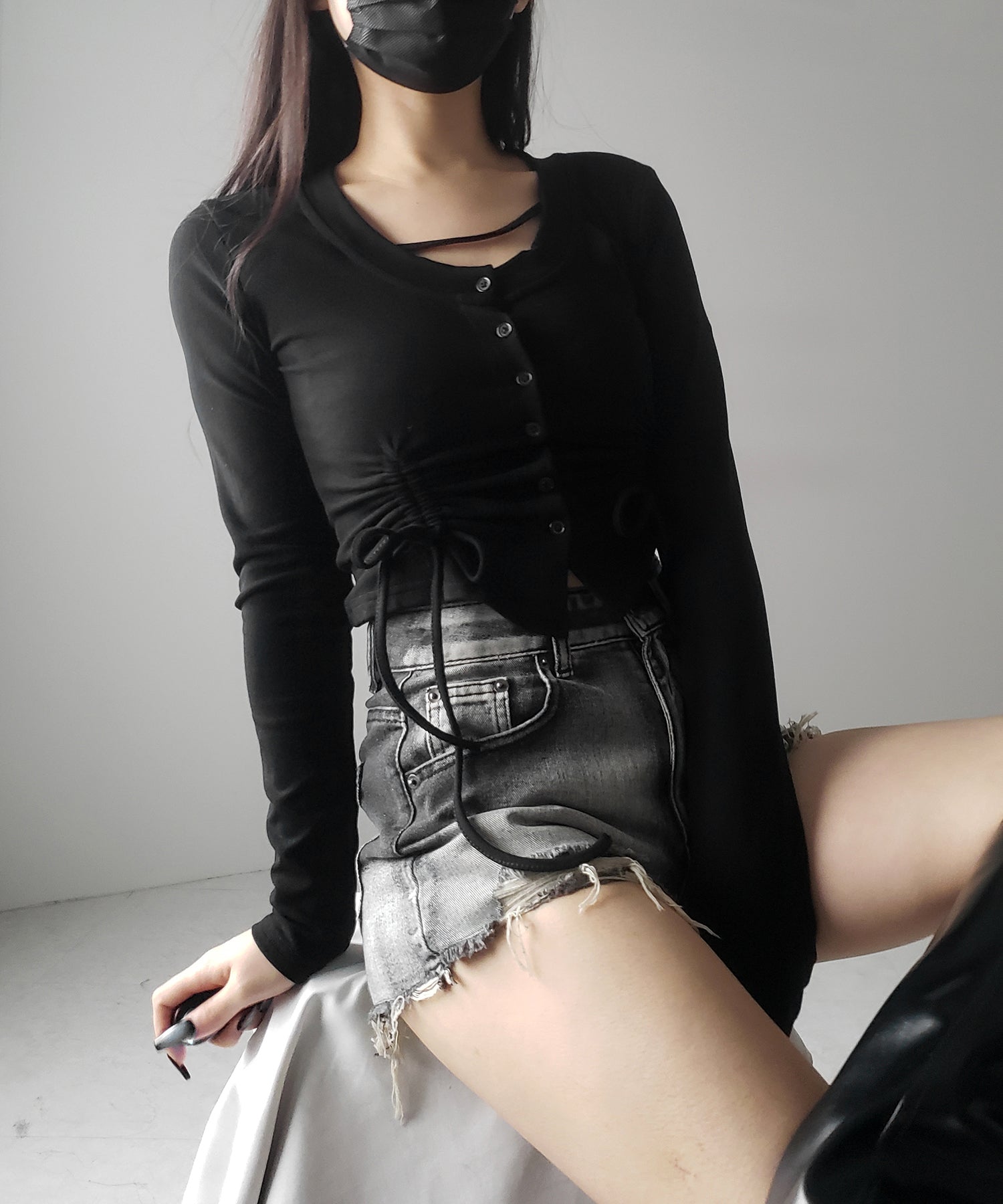 【 2color / 裏起毛 】ナナメストラップダブルシャーリングリボントップス / naname strap double shirring ribbon tops