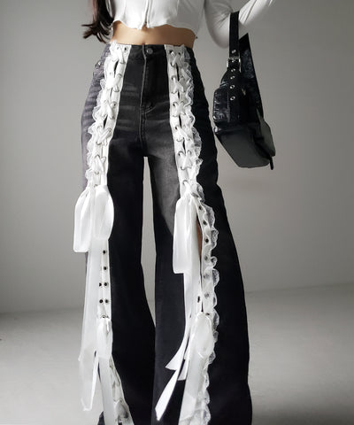サテンリボンレースアップワイドデニムパンツ / satin ribbon lace up wide denim pants