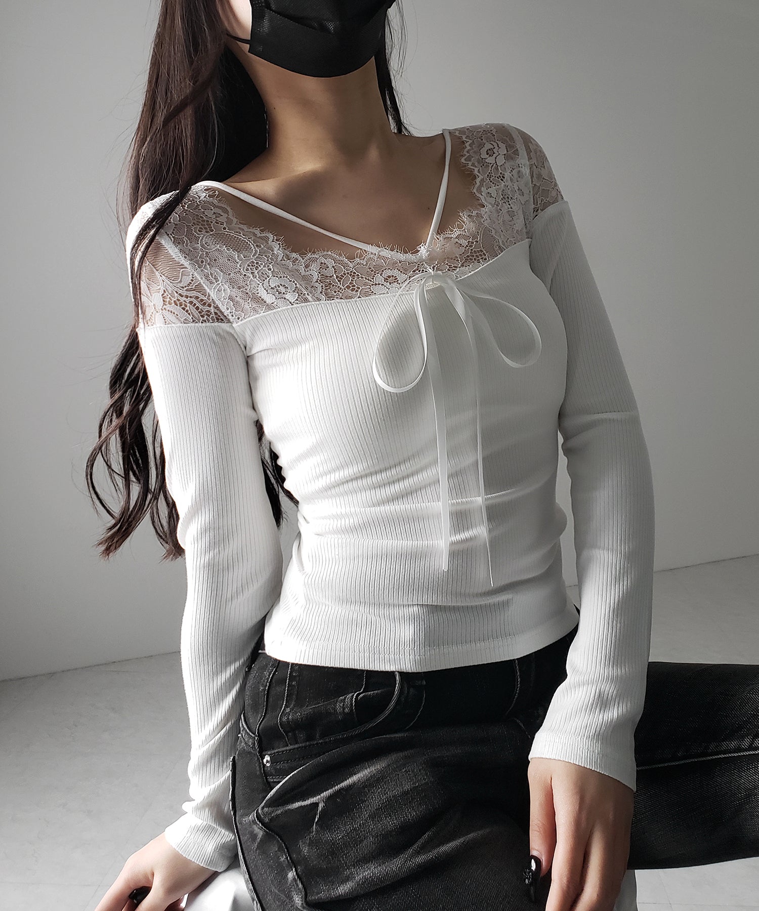 クロスストラップレース切替リブトップス / cross strap lace switching ribbed tops