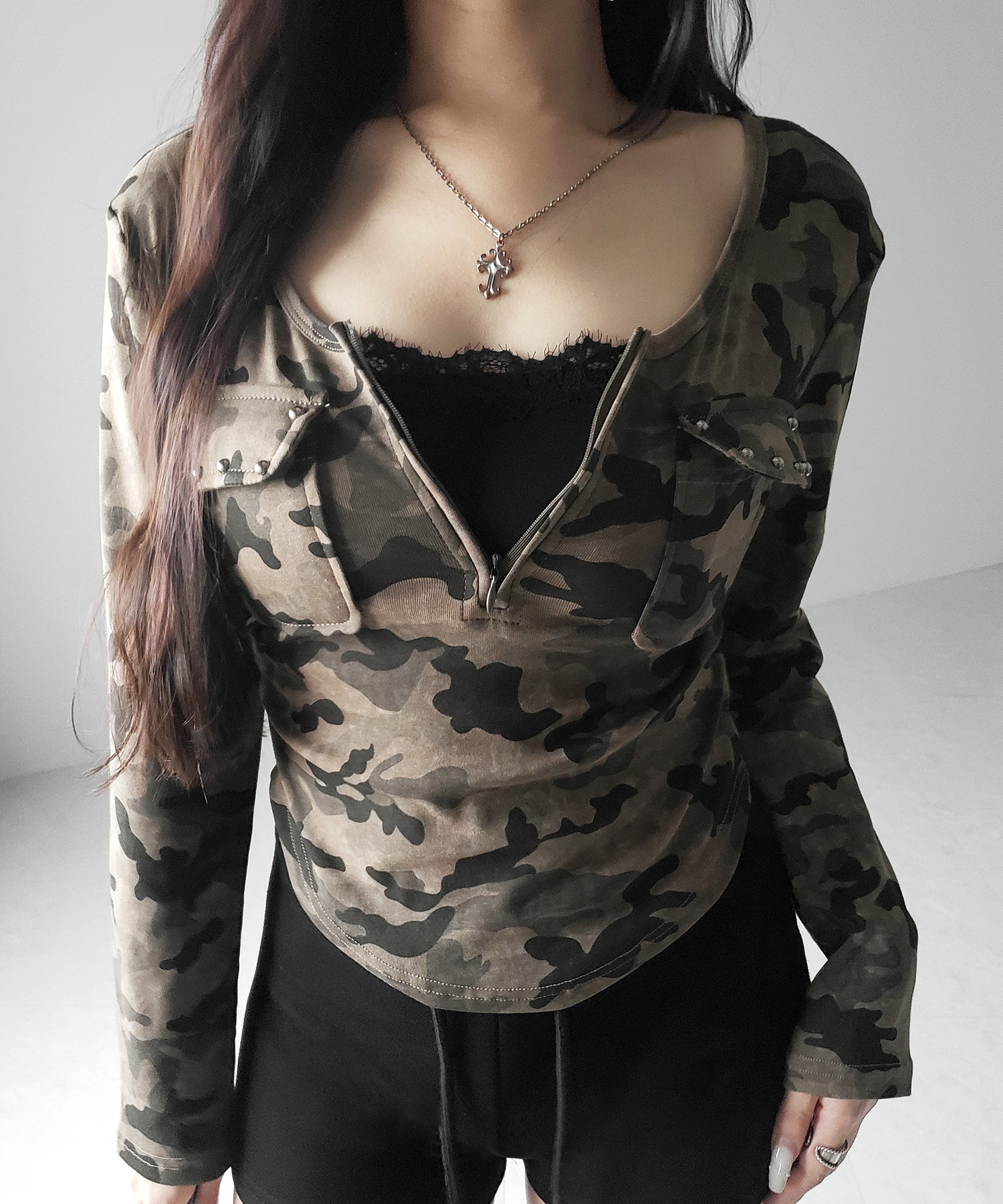 ヴィンテージカモフラアウトポケットジップロンT / vintage camouflage out pocket zip longsleeve T-shirt