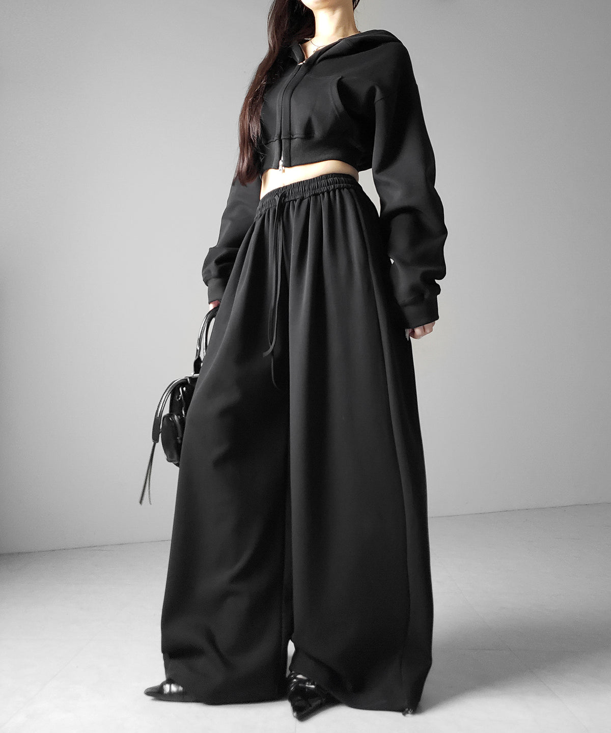 【 セットアップ 】ダブルジップショートパーカー + タックワイドスウェットパンツ SET / double zip short hoodie + tuck wide sweat pants SET