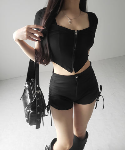 ダブルジップコルセットスクエアネックTシャツ / double zip corset square neck T-Shirt